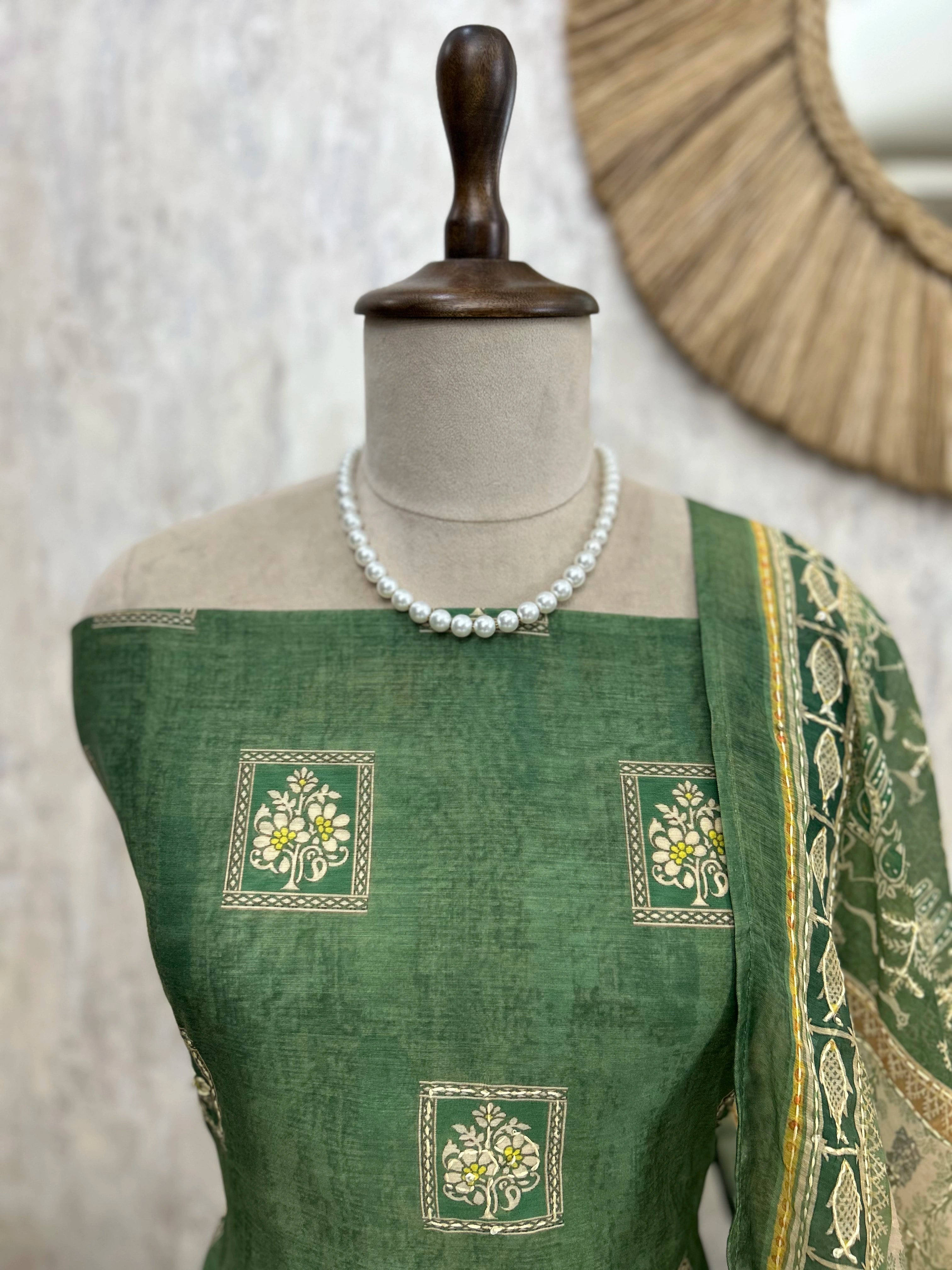 Maheshwari Unstitched Suit Set with Kantha