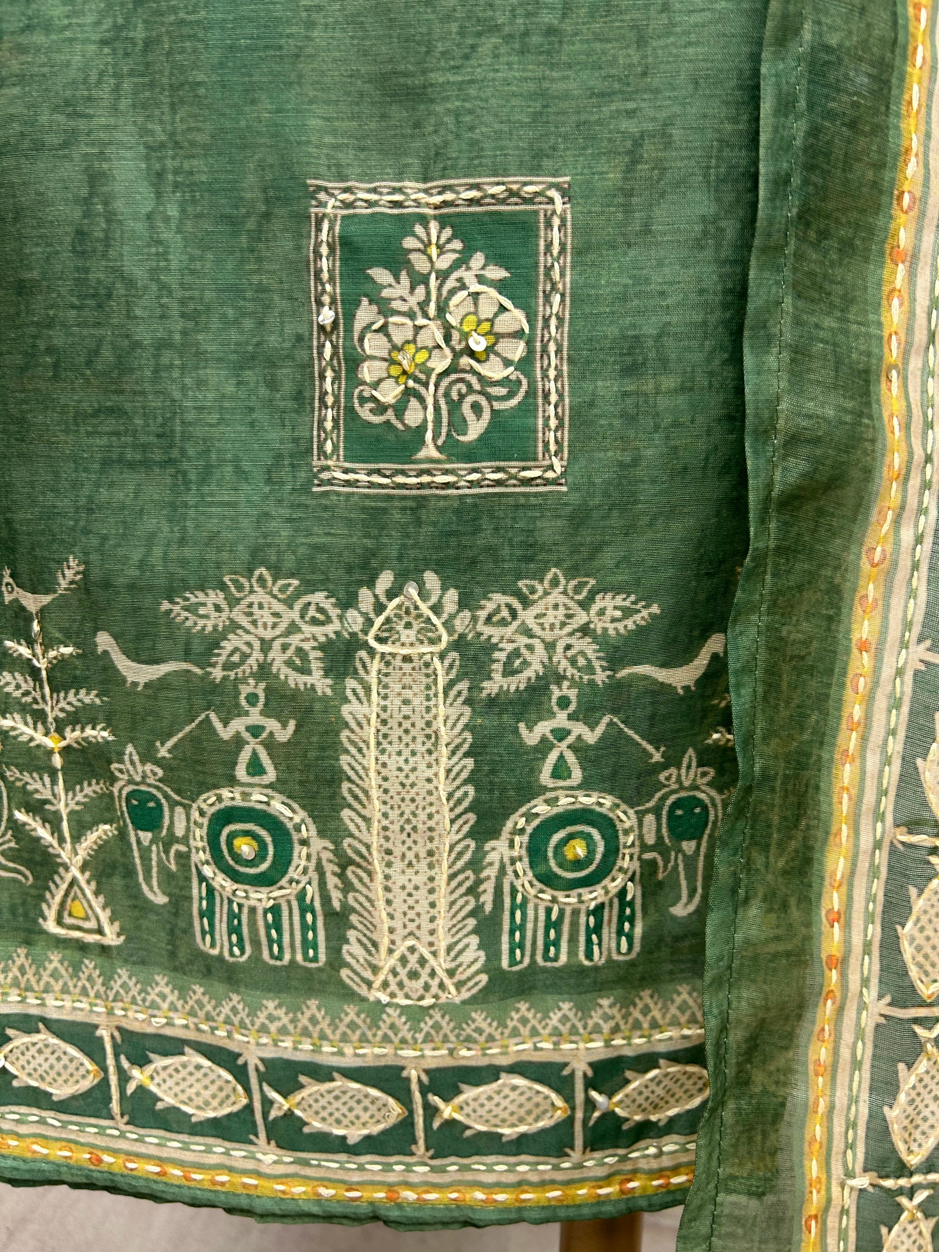 Maheshwari Unstitched Suit Set with Kantha