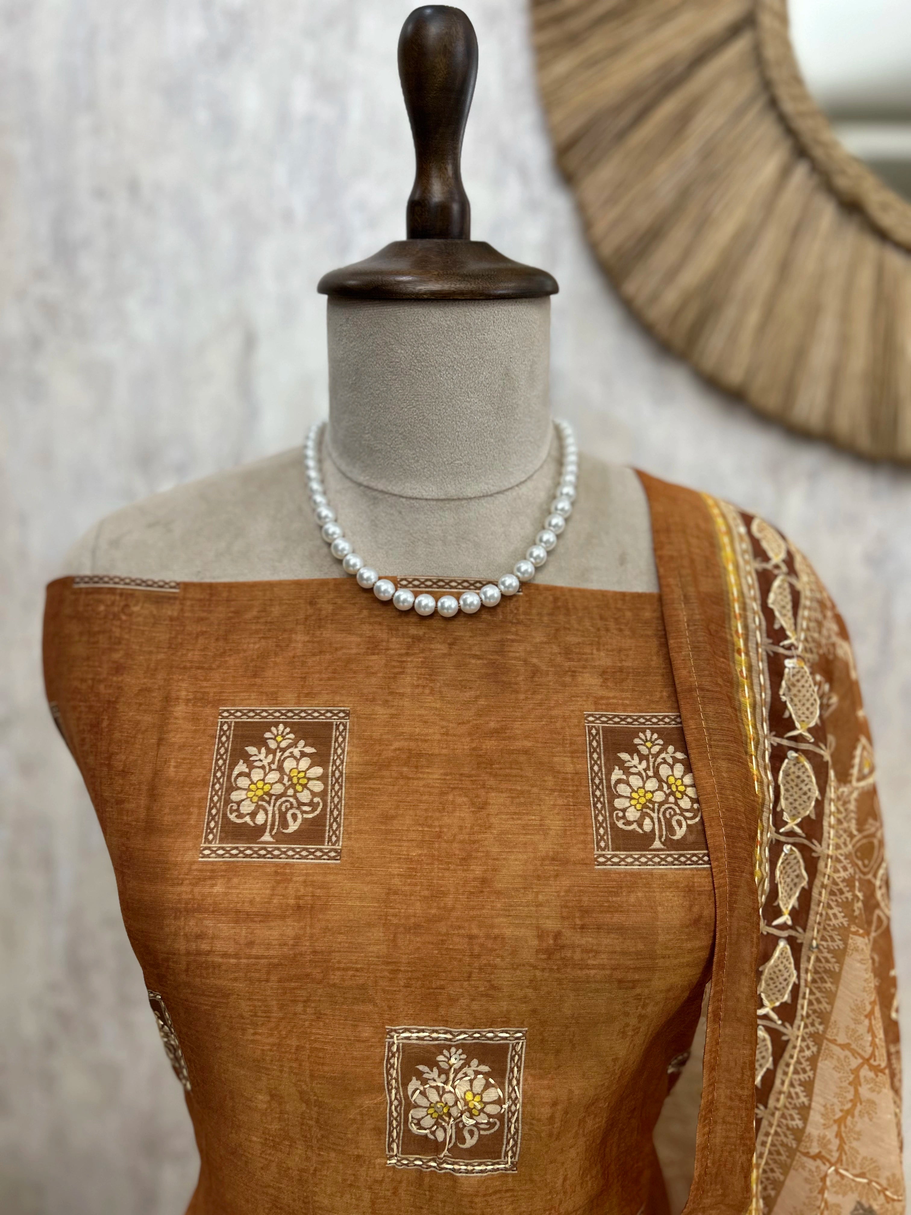 Maheshwari Unstitched Suit Set with Kantha