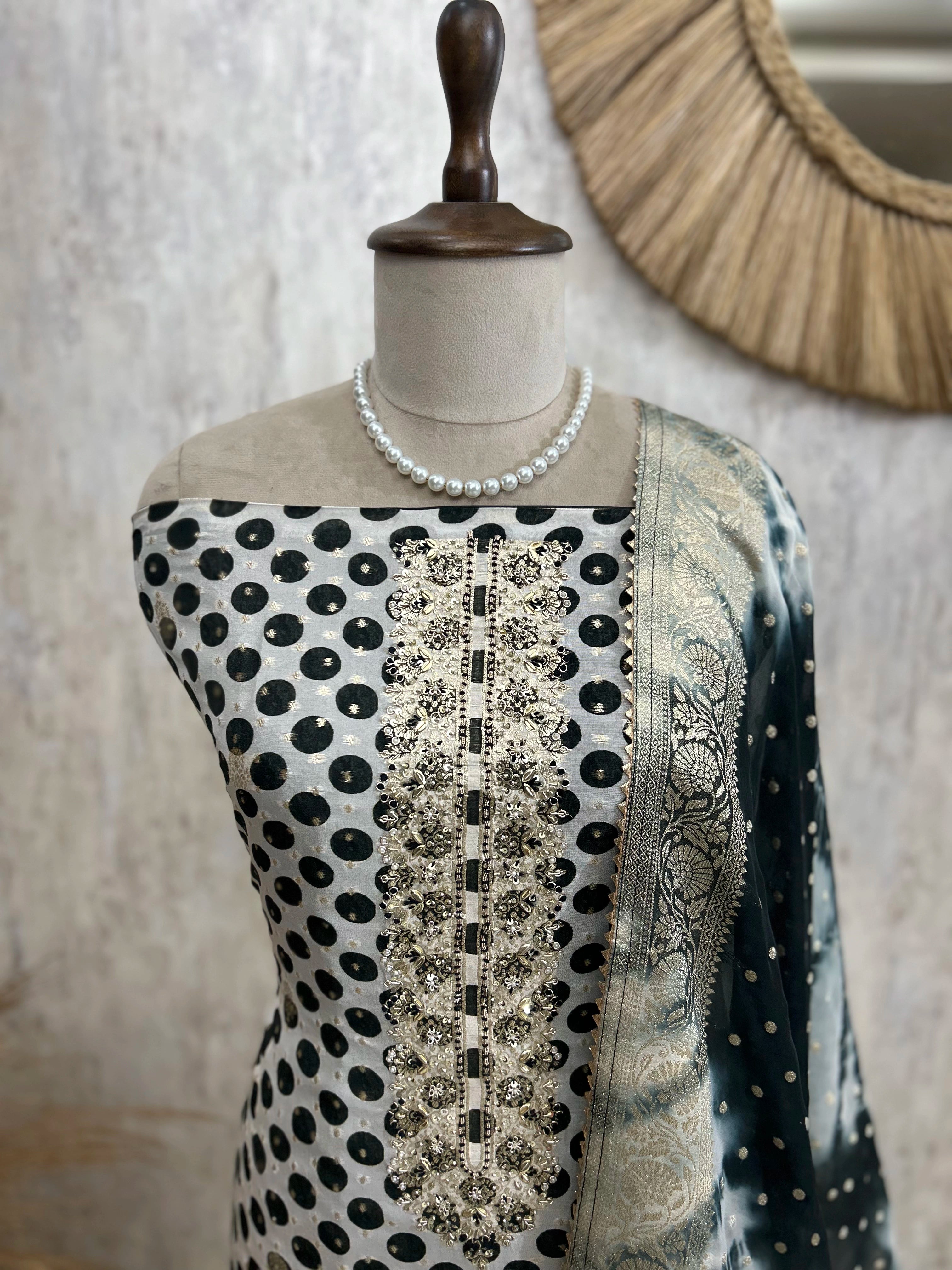 Organza Unstitched Suit Set With Triangle And Circular Prints