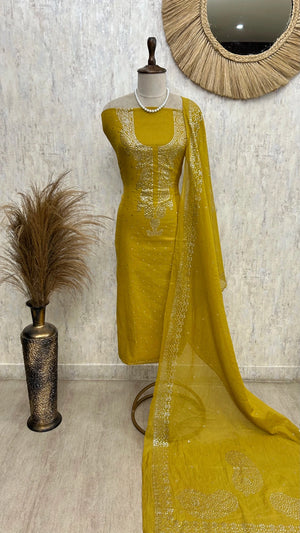 Mul Chanderi Unstitched Suit Set With Mukaish Work