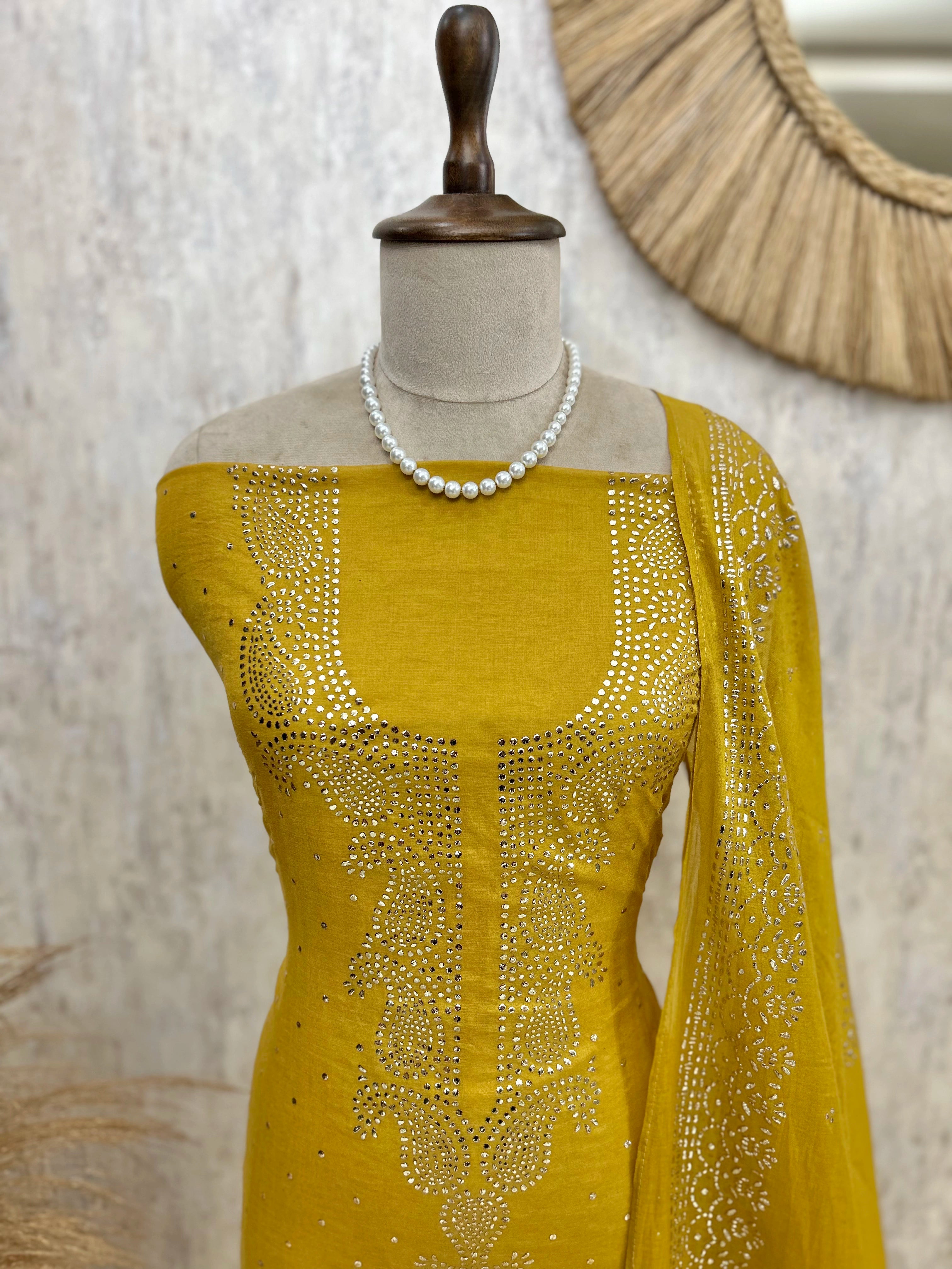 Mul Chanderi Unstitched Suit Set With Mukaish Work