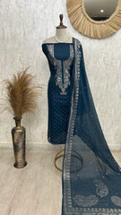 Mul Chanderi Unstitched Suit Set With Mukaish Work