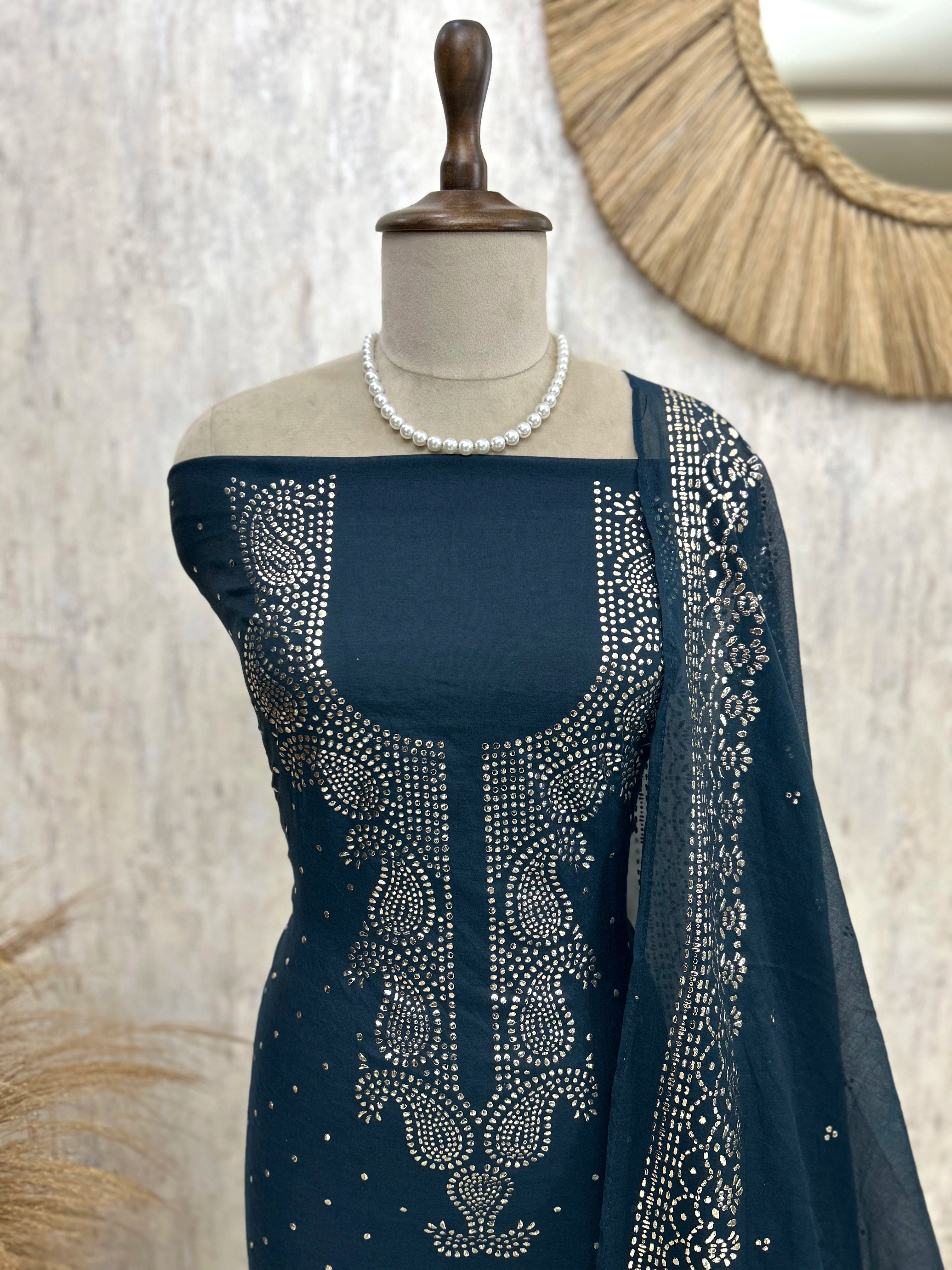Mul Chanderi Unstitched Suit Set With Mukaish Work