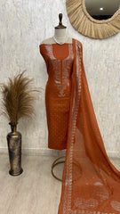Mul Chanderi Unstitched Suit Set With Mukaish Work