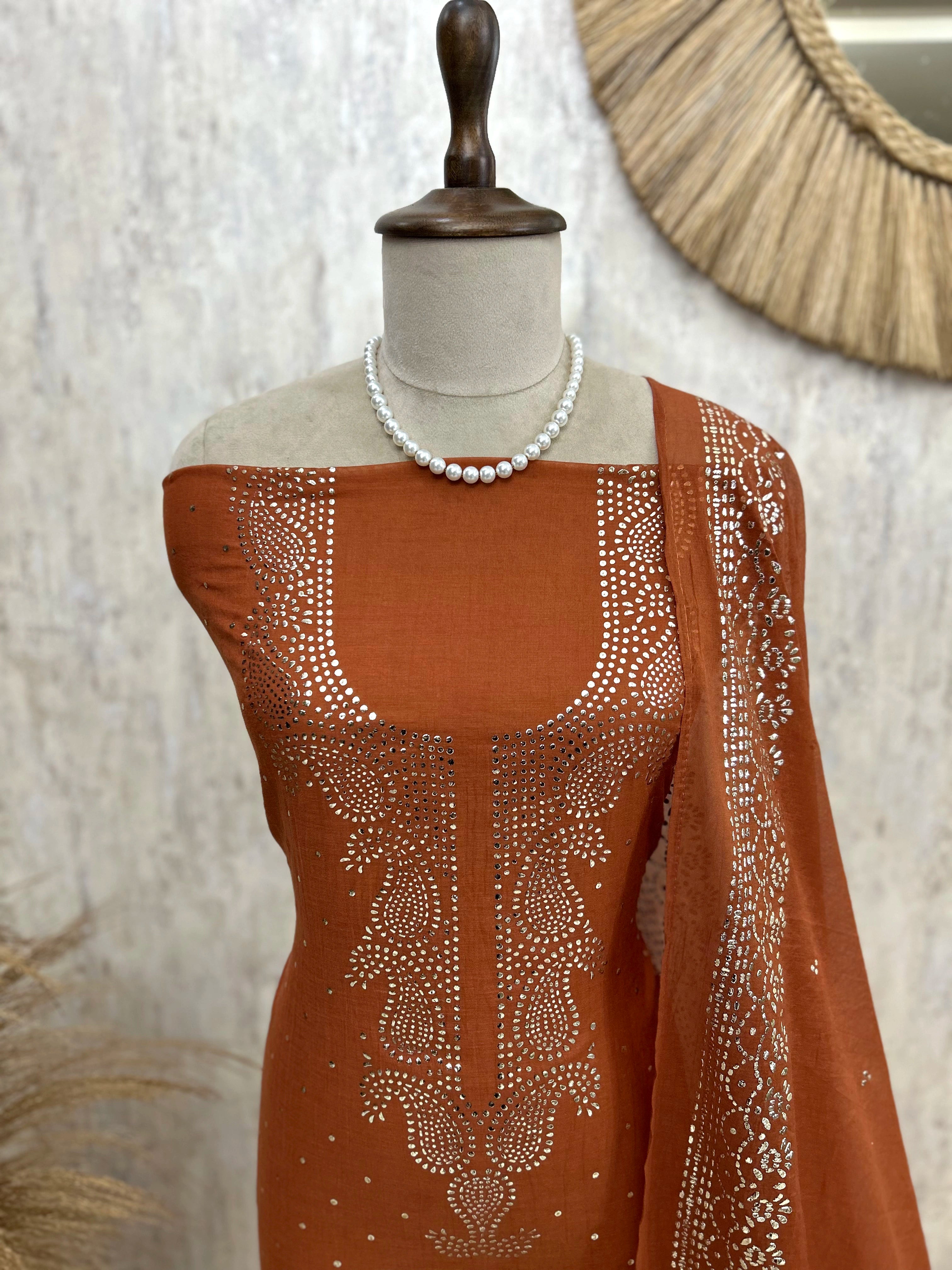 Mul Chanderi Unstitched Suit Set With Mukaish Work
