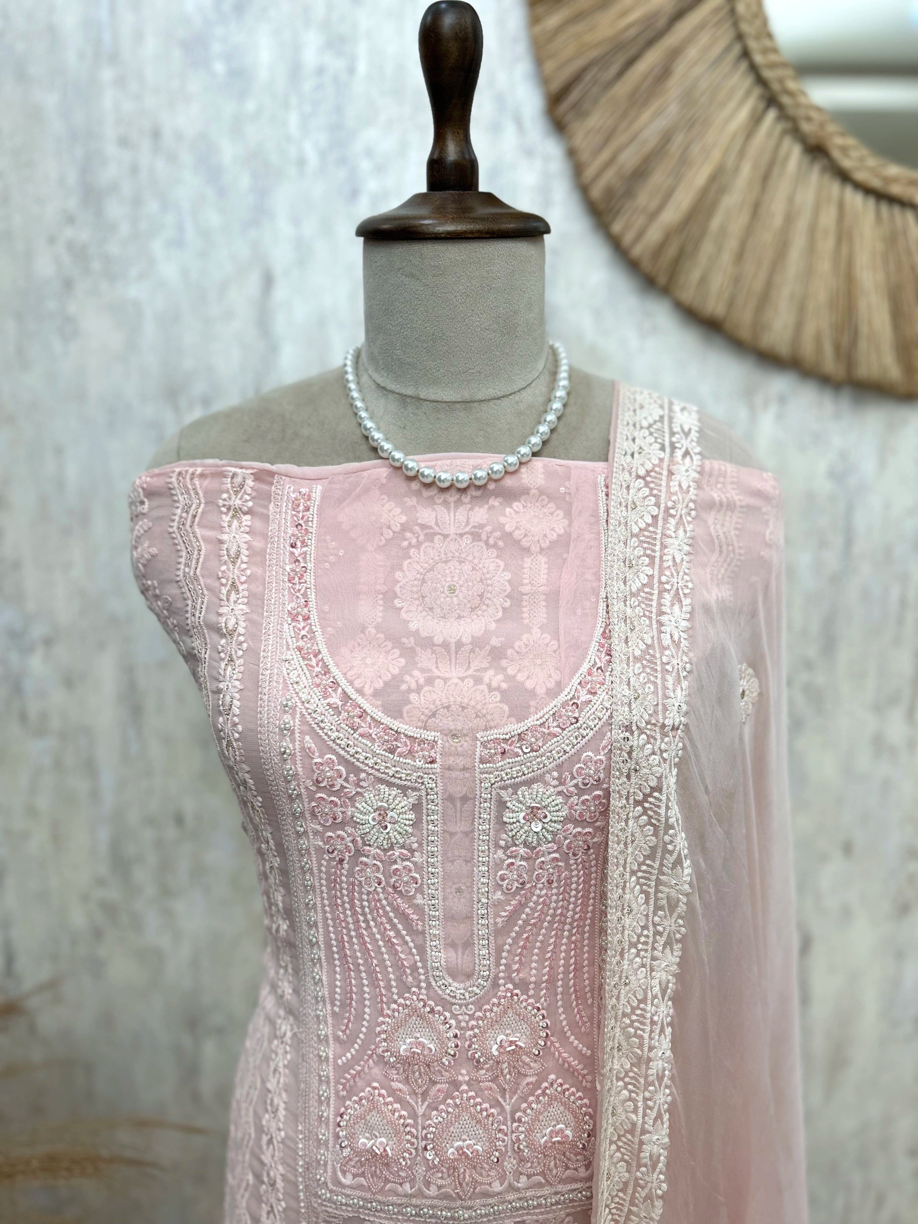 Georgette Unstitched Suit Set With Lucknowi Style