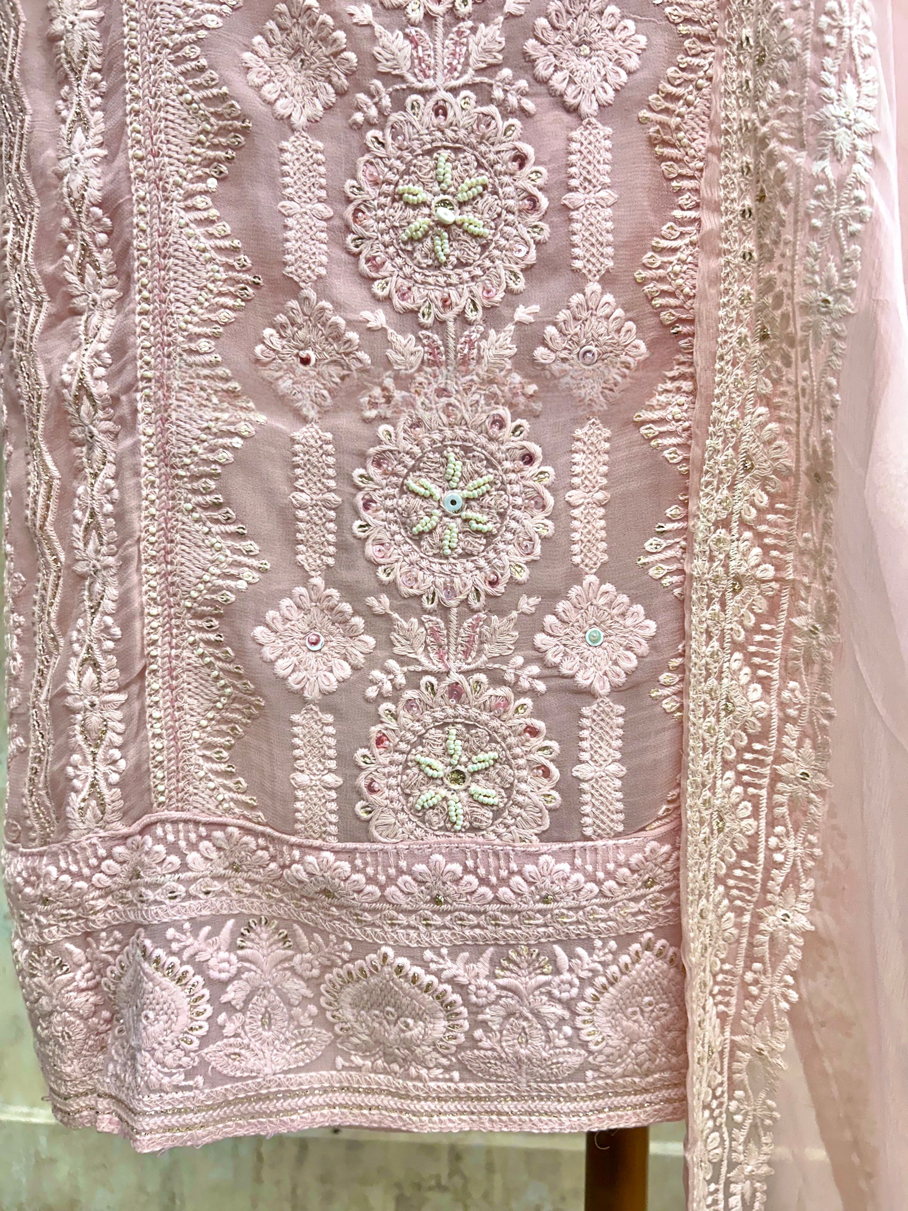 Georgette Unstitched Suit Set With Lucknowi Style