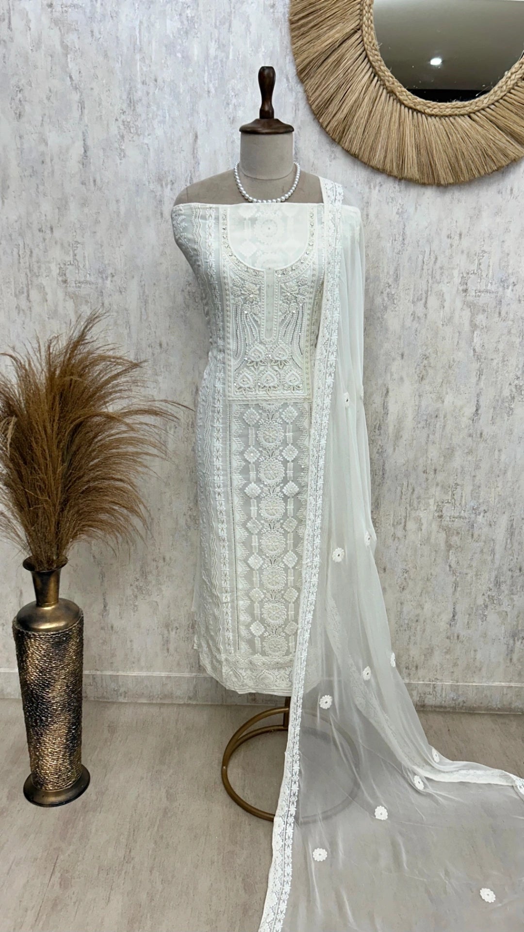 Georgette Unstitched Suit Set With Lucknowi Style