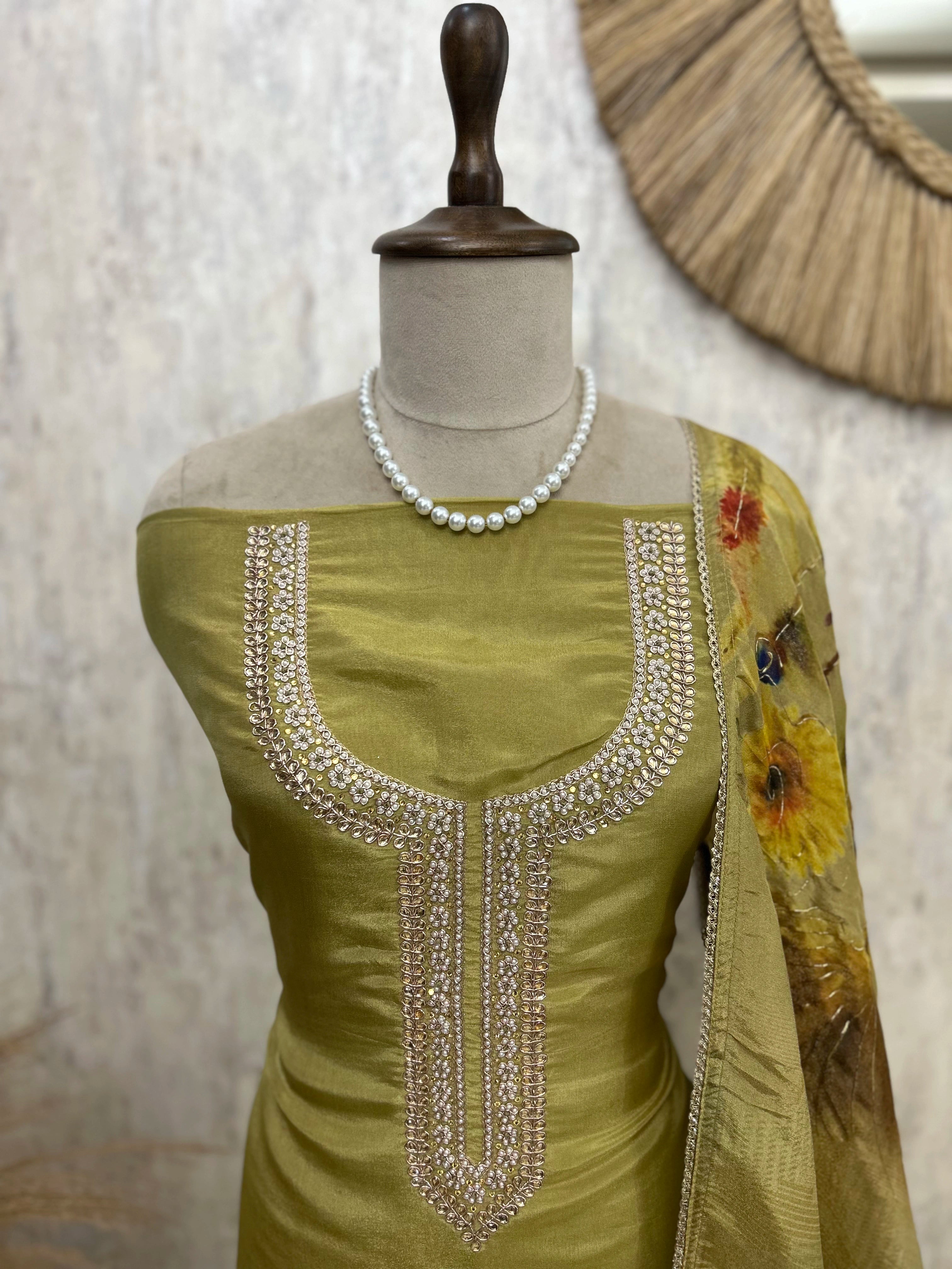 Tissue Unstitched Suit Set Handwork On Neckline With Printed Dupatta