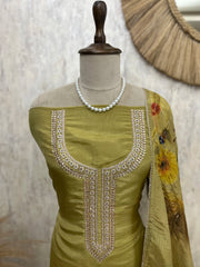 Tissue Unstitched Suit Set Handwork On Neckline With Printed Dupatta