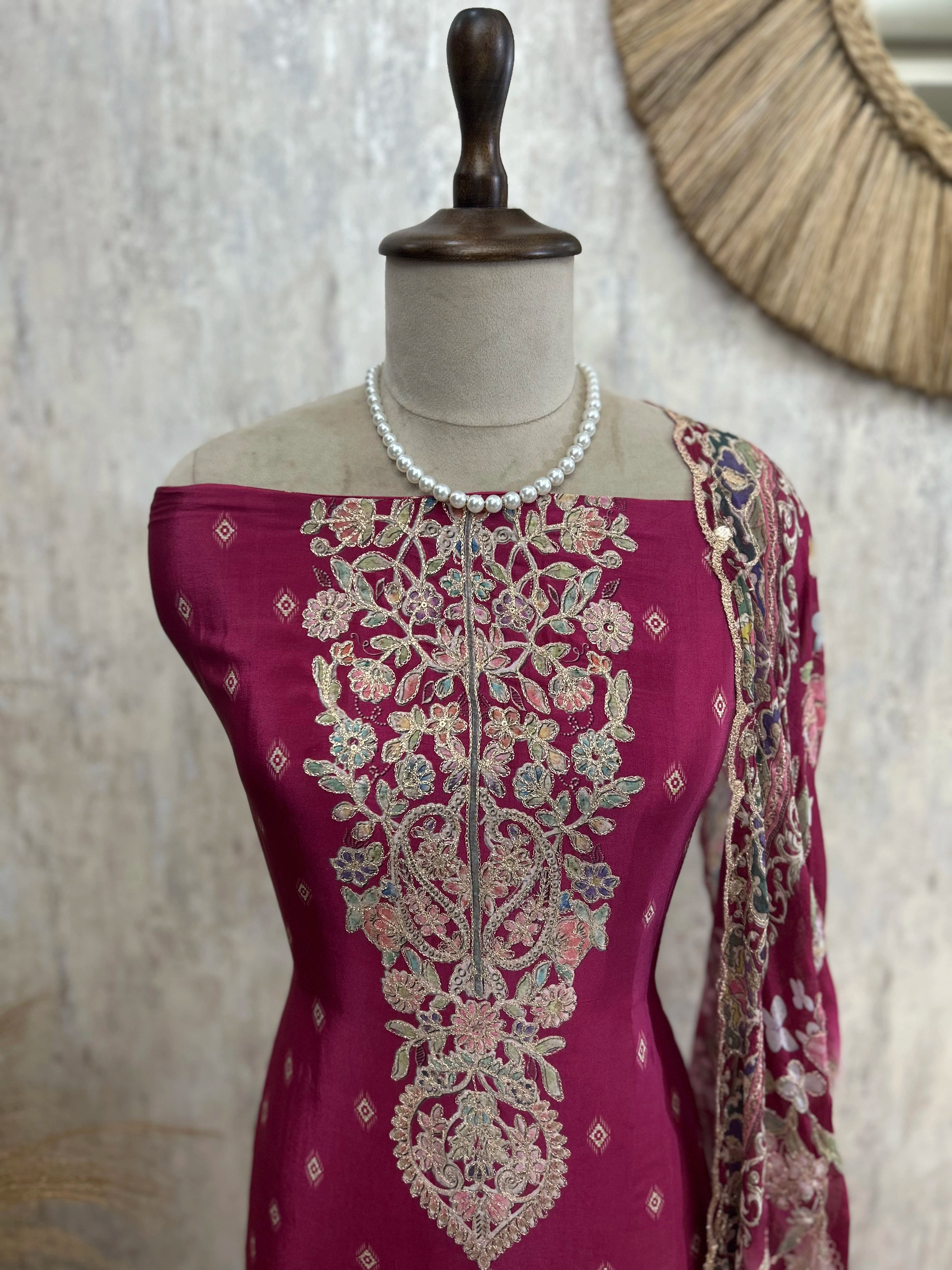 Crepe Unstitched Suit Set With Zari