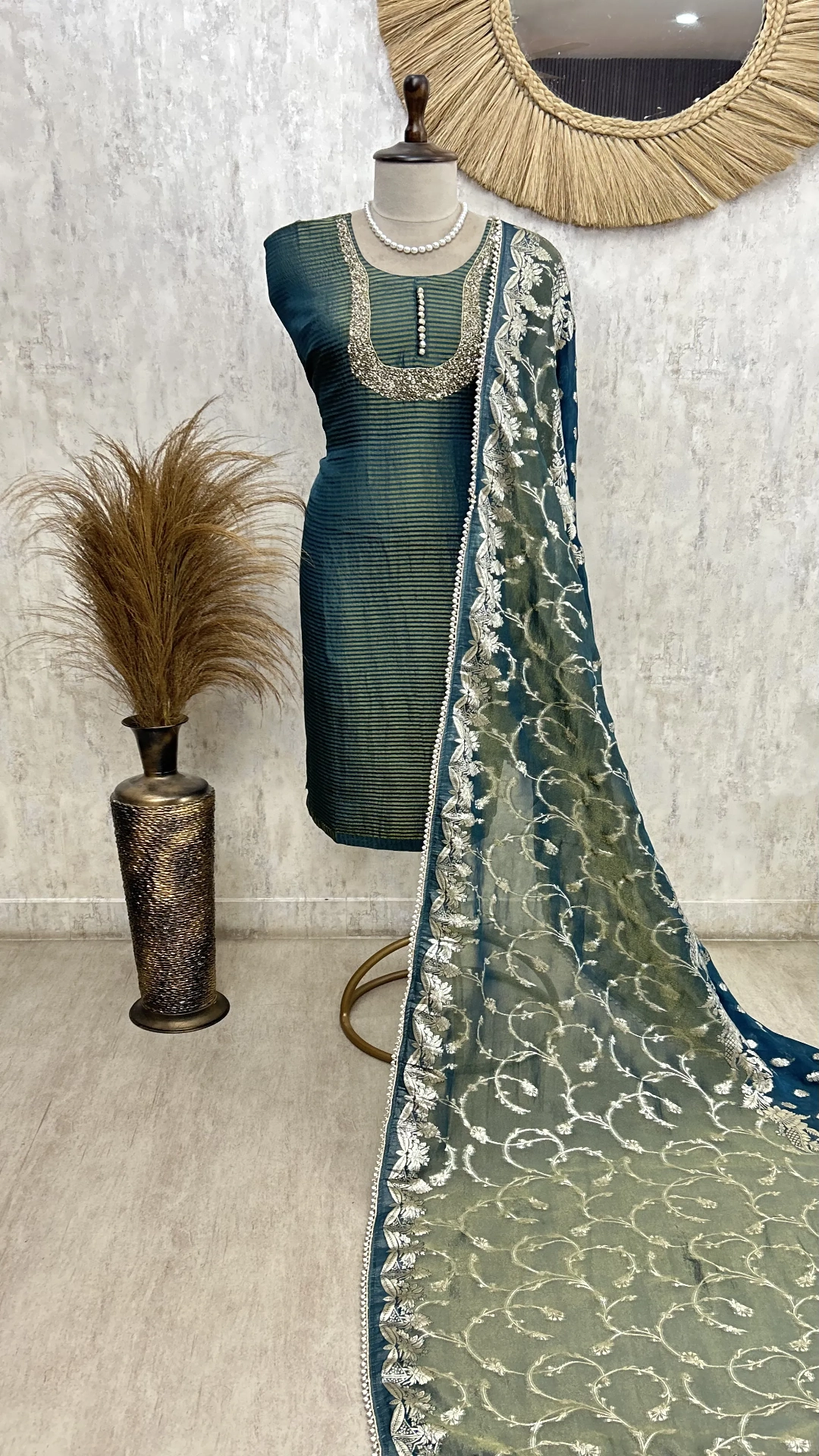 Teal Striped Elegance Unstiched Suit