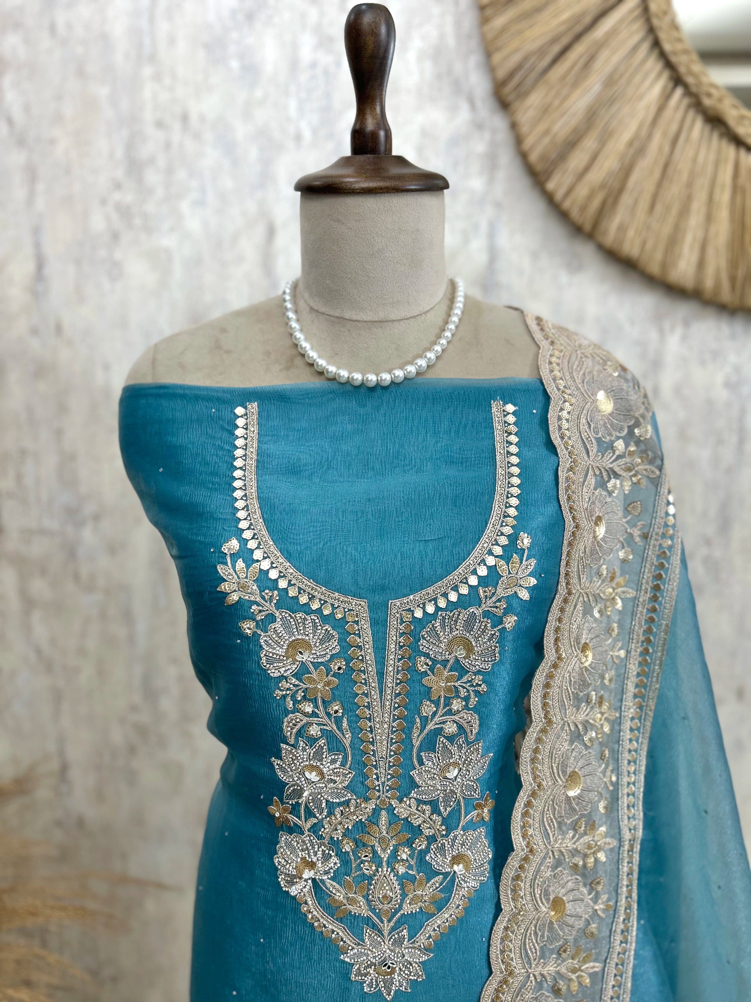 Crush Organza Unstitched Suit Set With Sequence Work