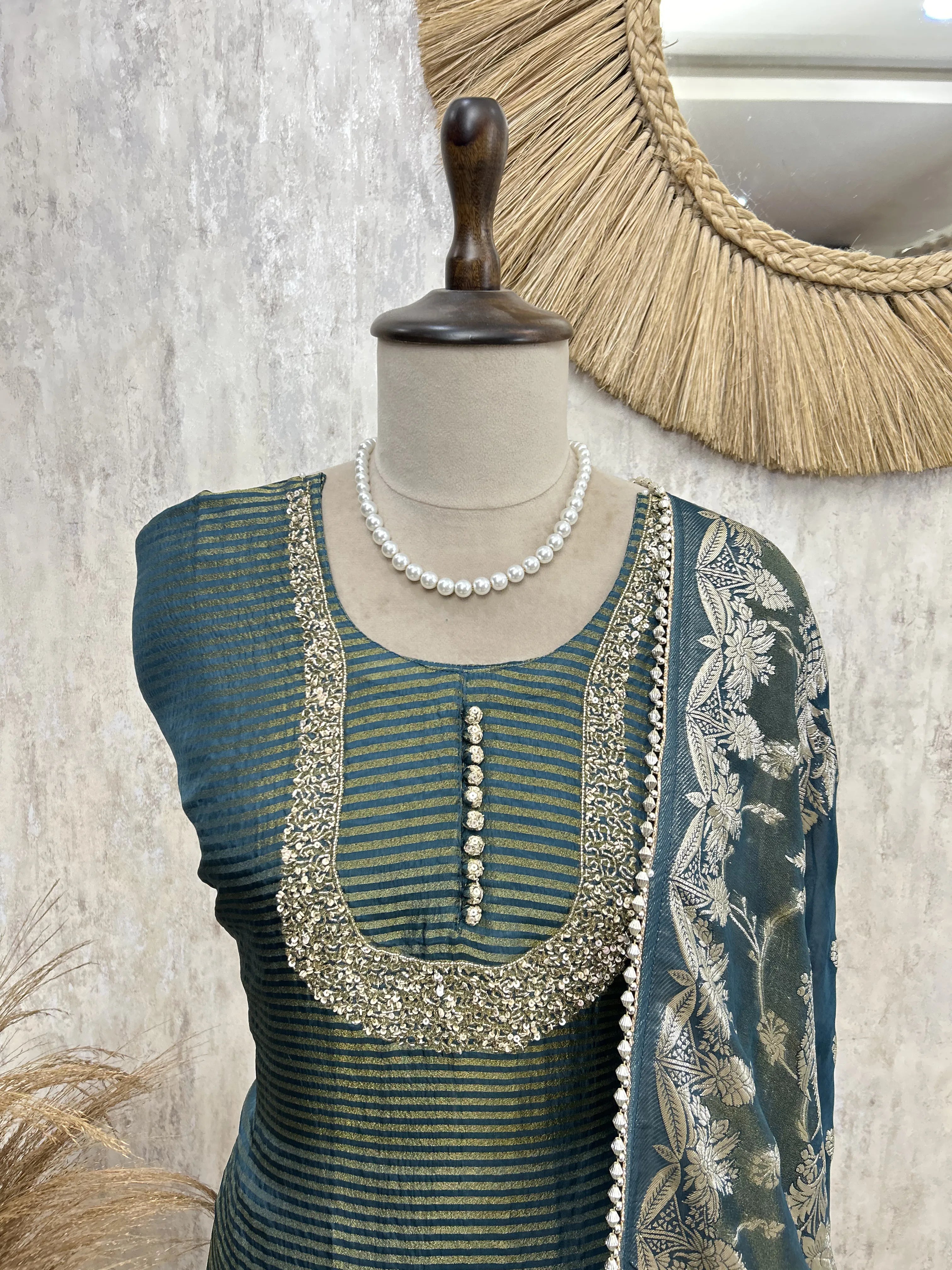 Teal Striped Elegance Unstiched Suit