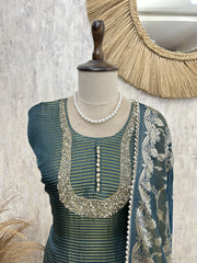 Teal Striped Elegance Unstiched Suit