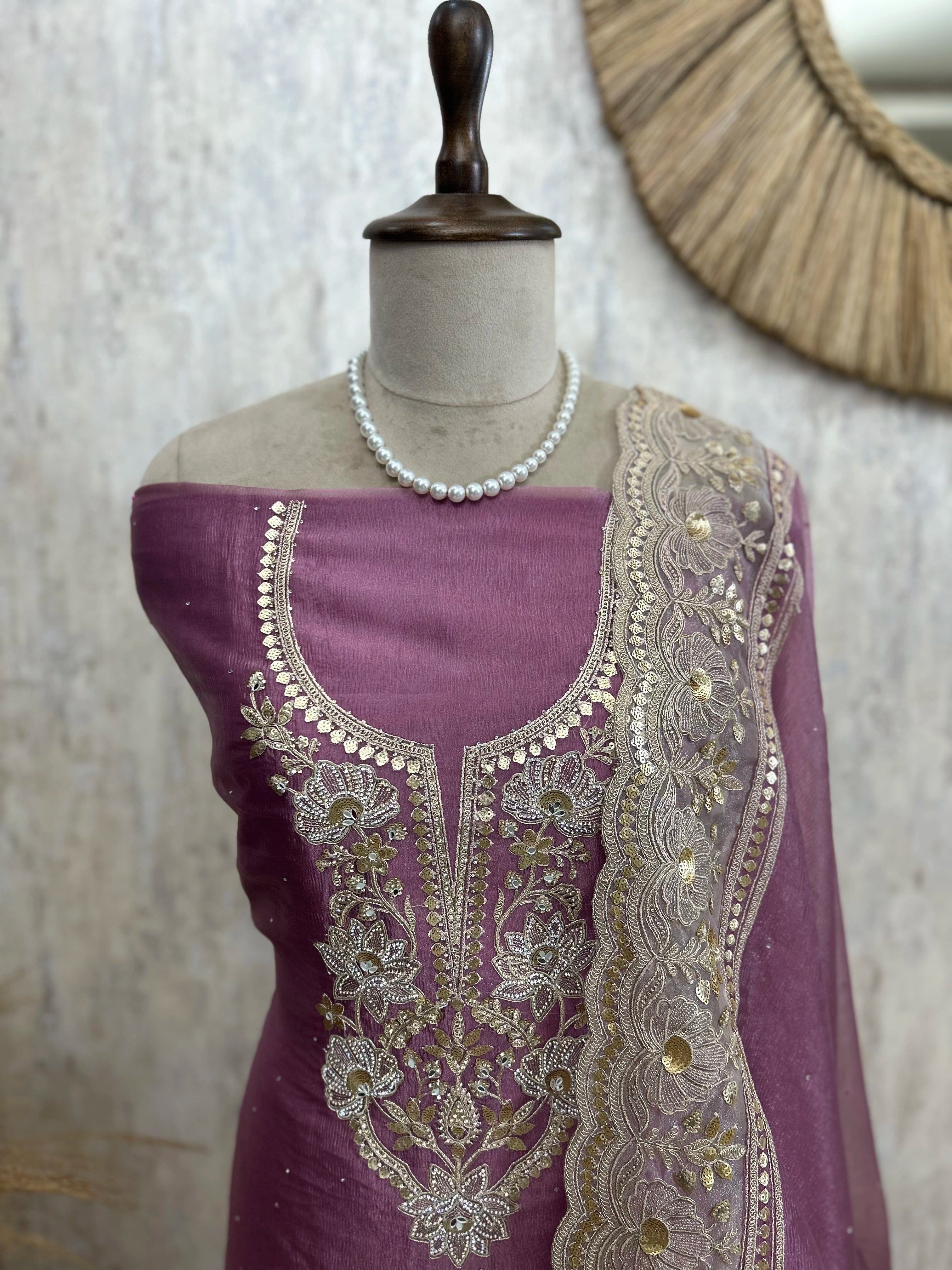 Crush Organza Unstitched Suit Set With Sequence Work