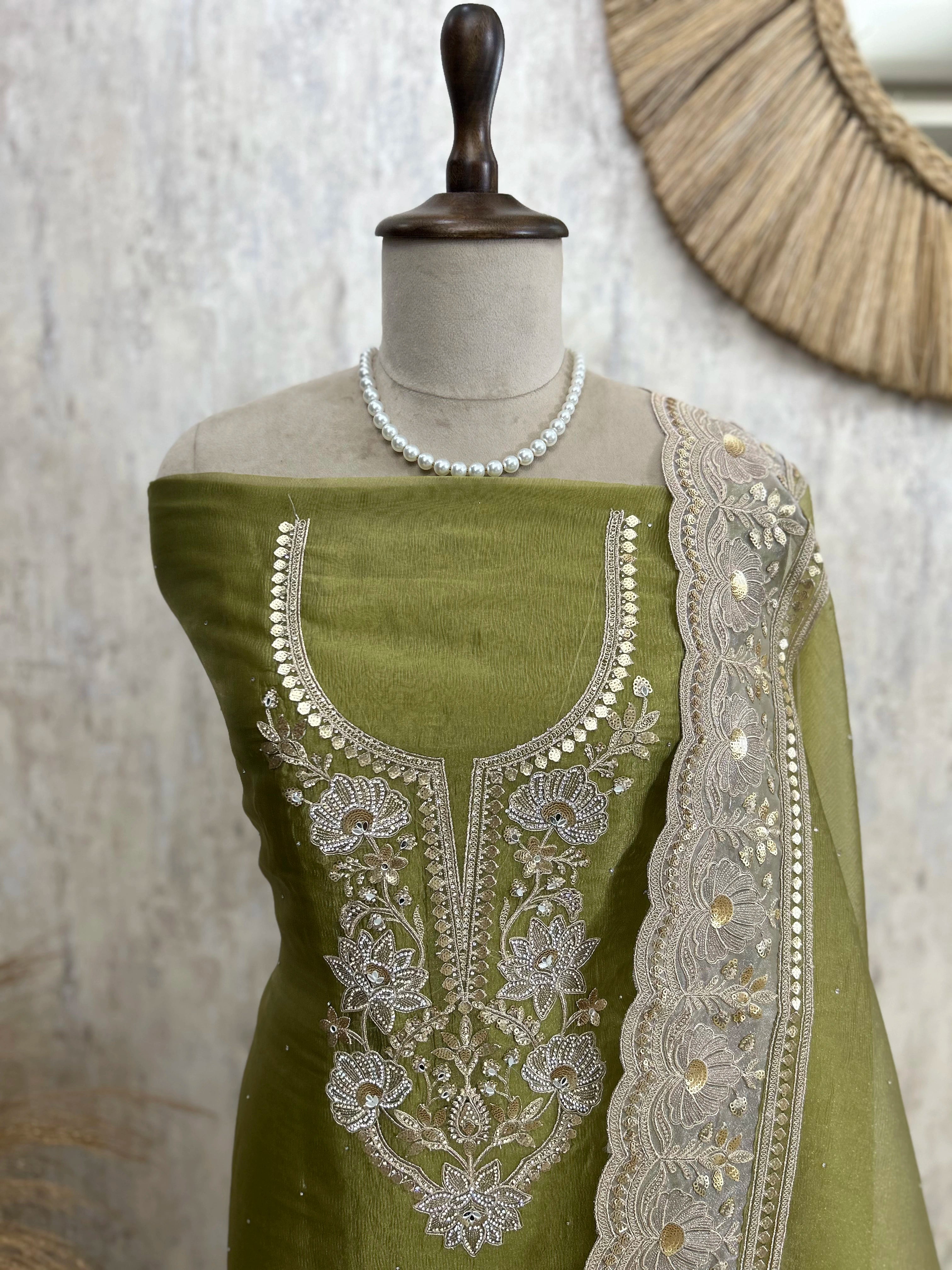 Crush Organza Unstitched Suit Set With Sequence Work