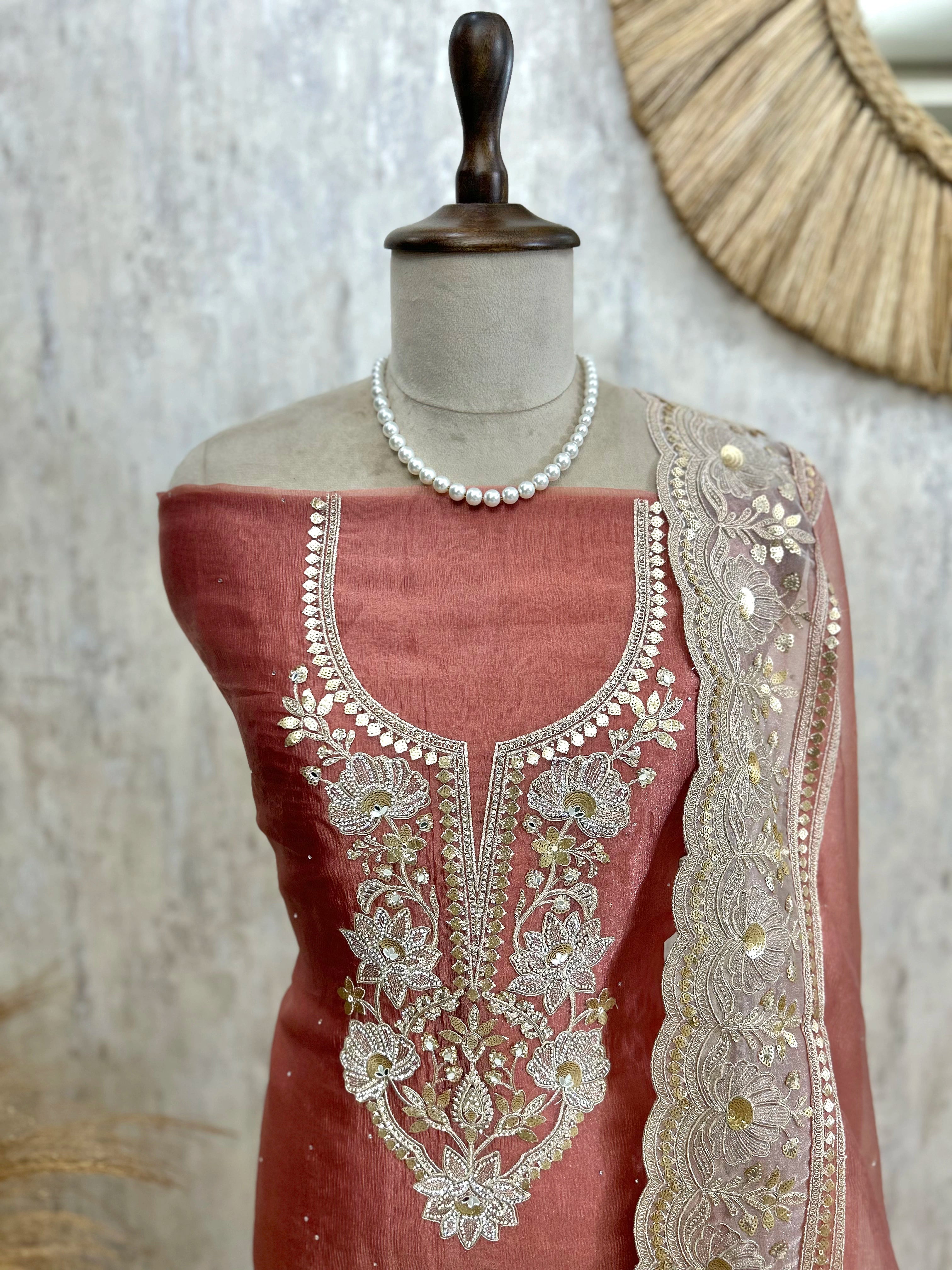 Crush Organza Unstitched Suit Set With Sequence Work