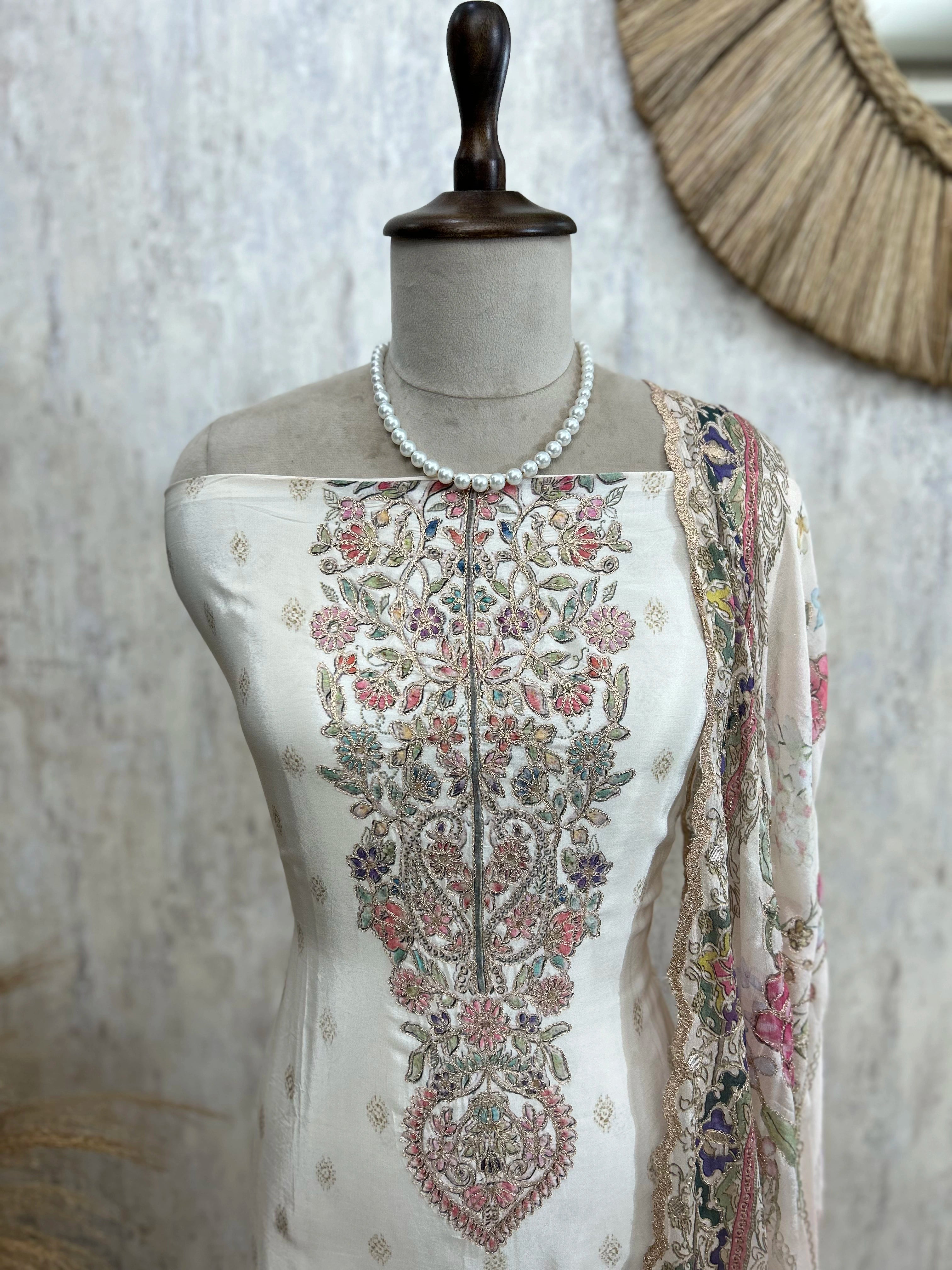 Crepe Unstitched Suit Set With Zari