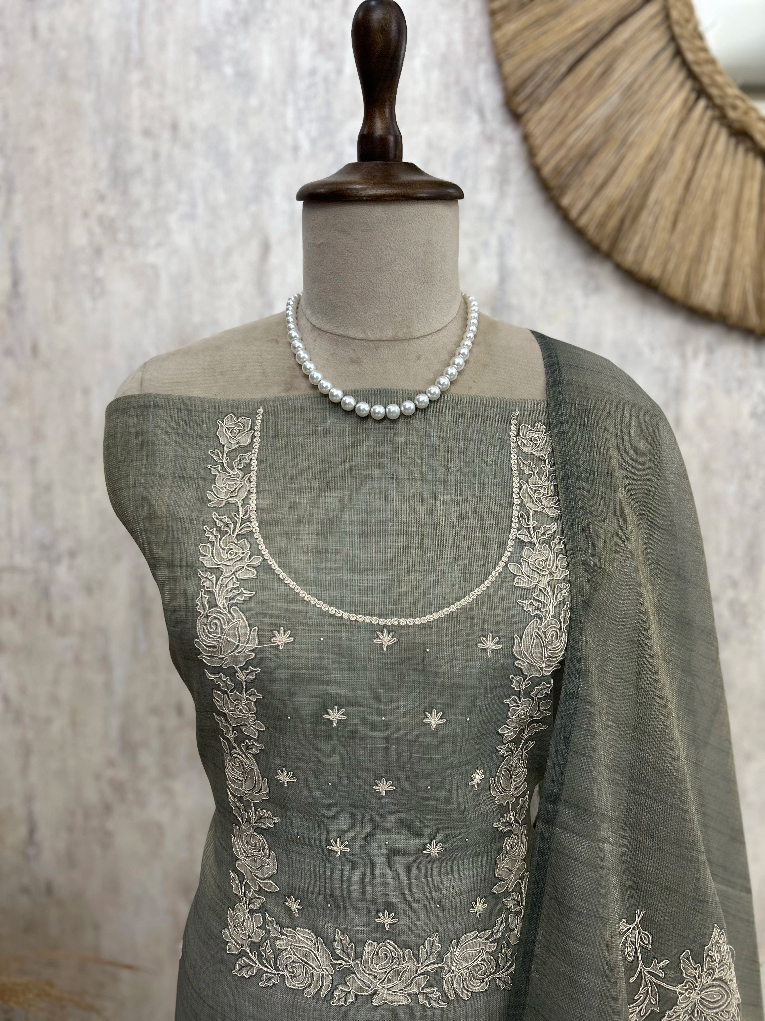 Tissue Unstitched Suit Set Featuring White Thread Embroidery