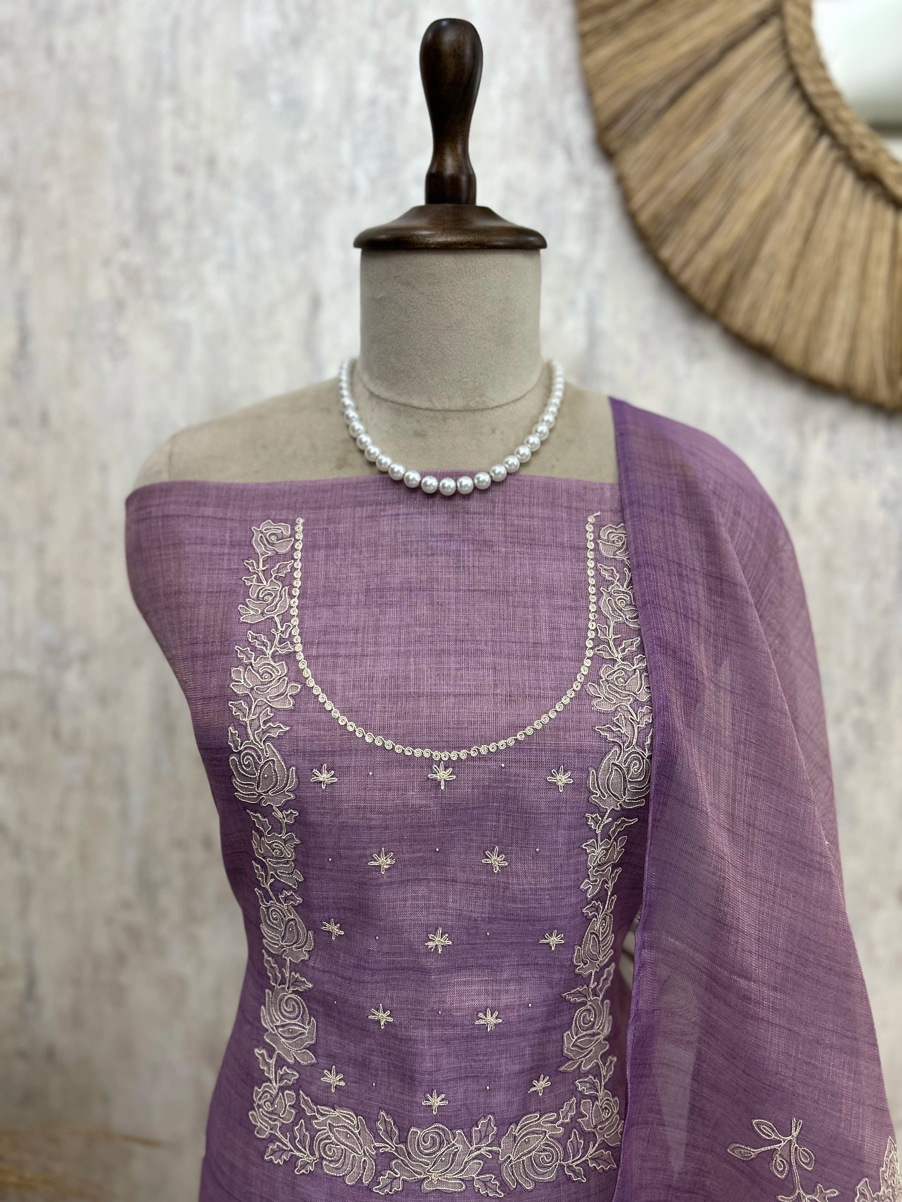 Tissue Unstitched Suit Set Featuring White Thread Embroidery