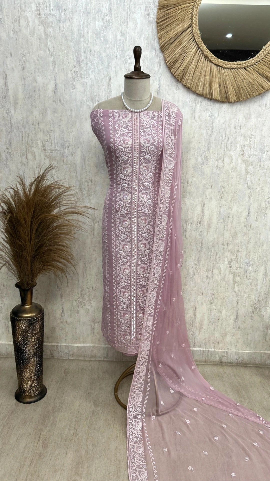 Lucknowi Georgette Unstitched Suit Set With Pearl & Sequin Work