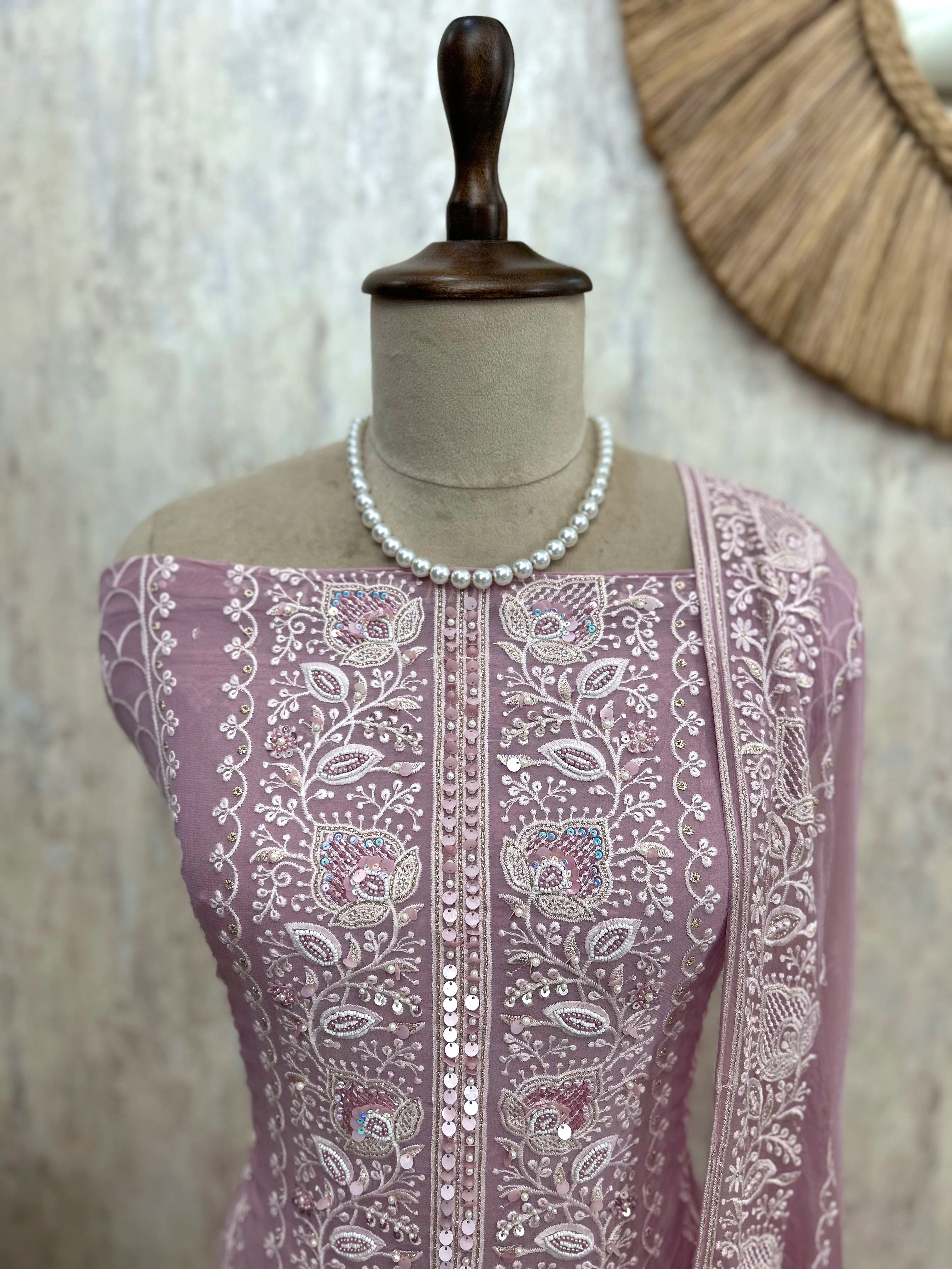 Lucknowi Georgette Unstitched Suit Set With Pearl & Sequin Work