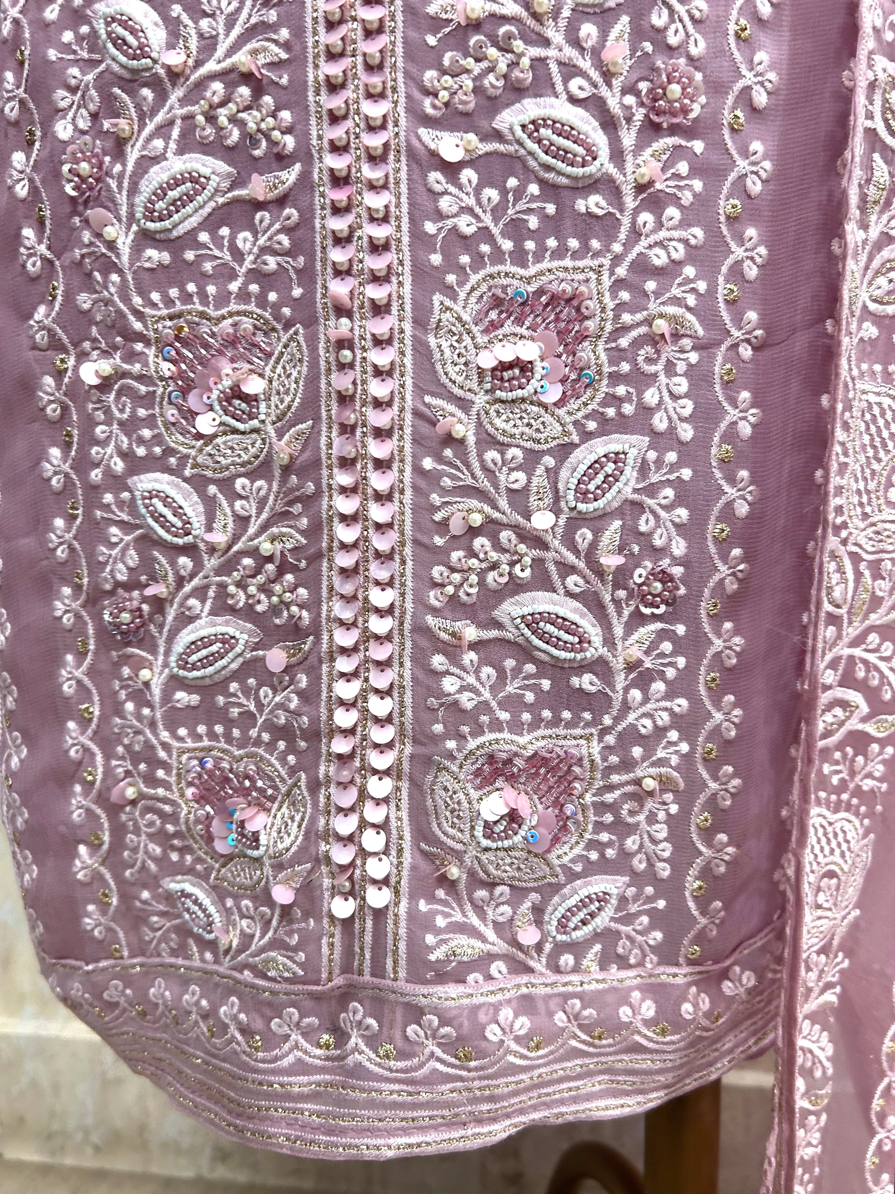 Lucknowi Georgette Unstitched Suit Set With Pearl & Sequin Work