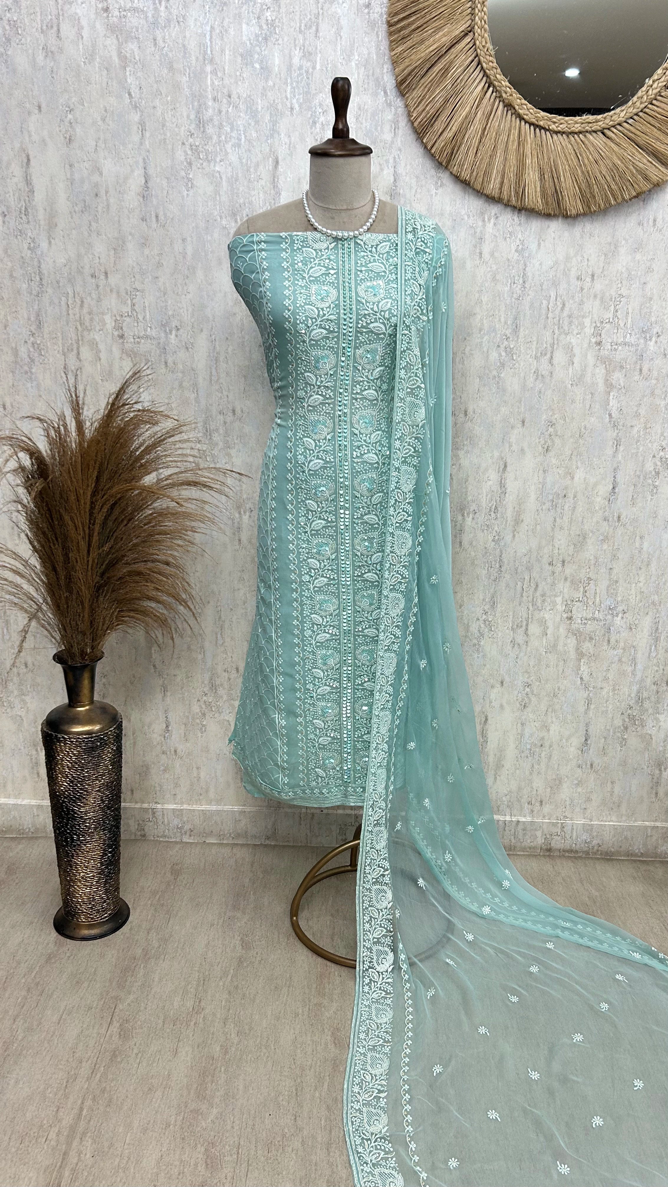 Lucknowi Georgette Unstitched Suit Set With Pearl & Sequin Work