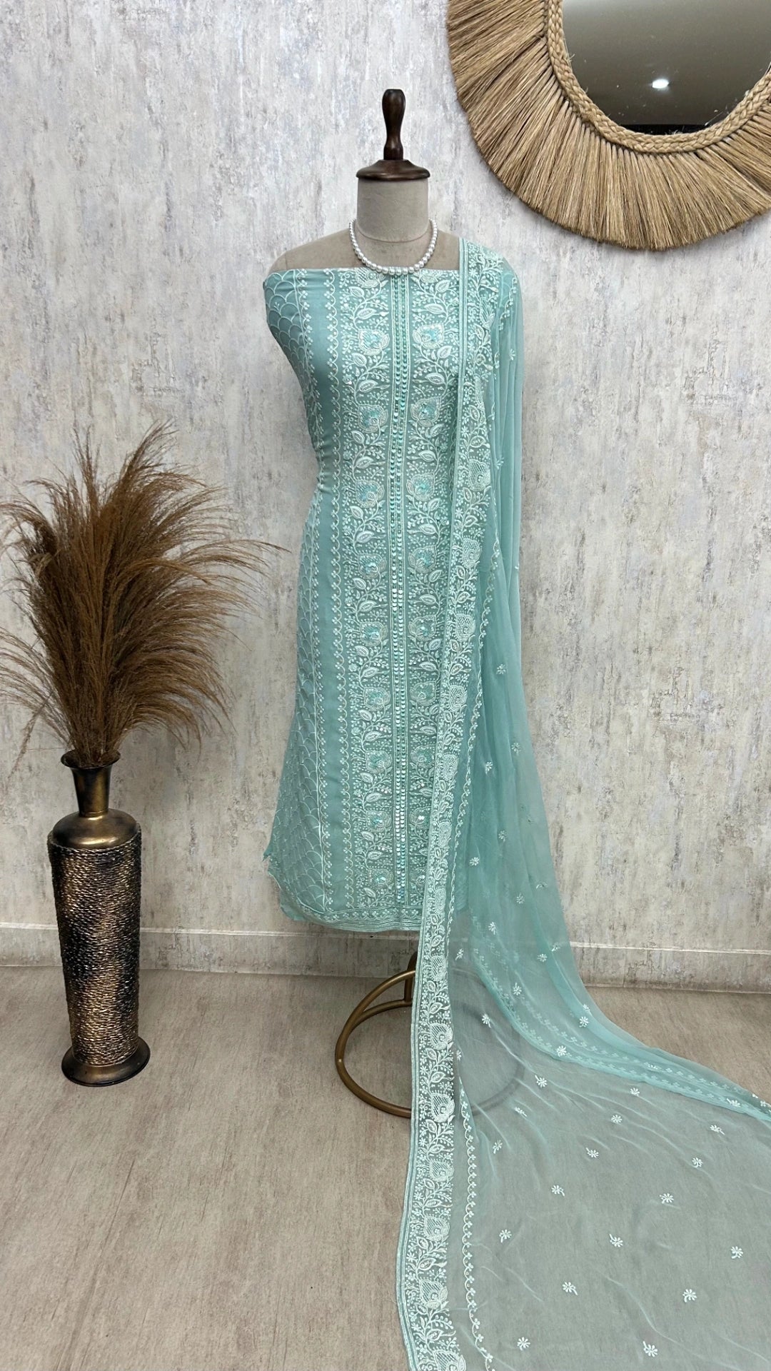 Lucknowi Georgette Unstitched Suit Set With Pearl & Sequin Work