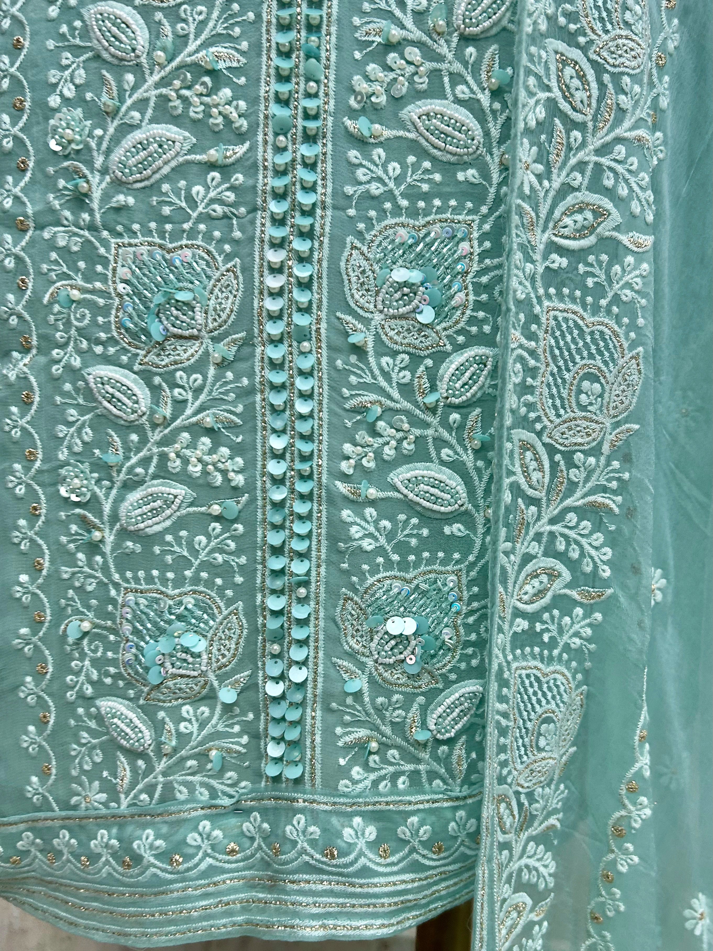 Lucknowi Georgette Unstitched Suit Set With Pearl & Sequin Work