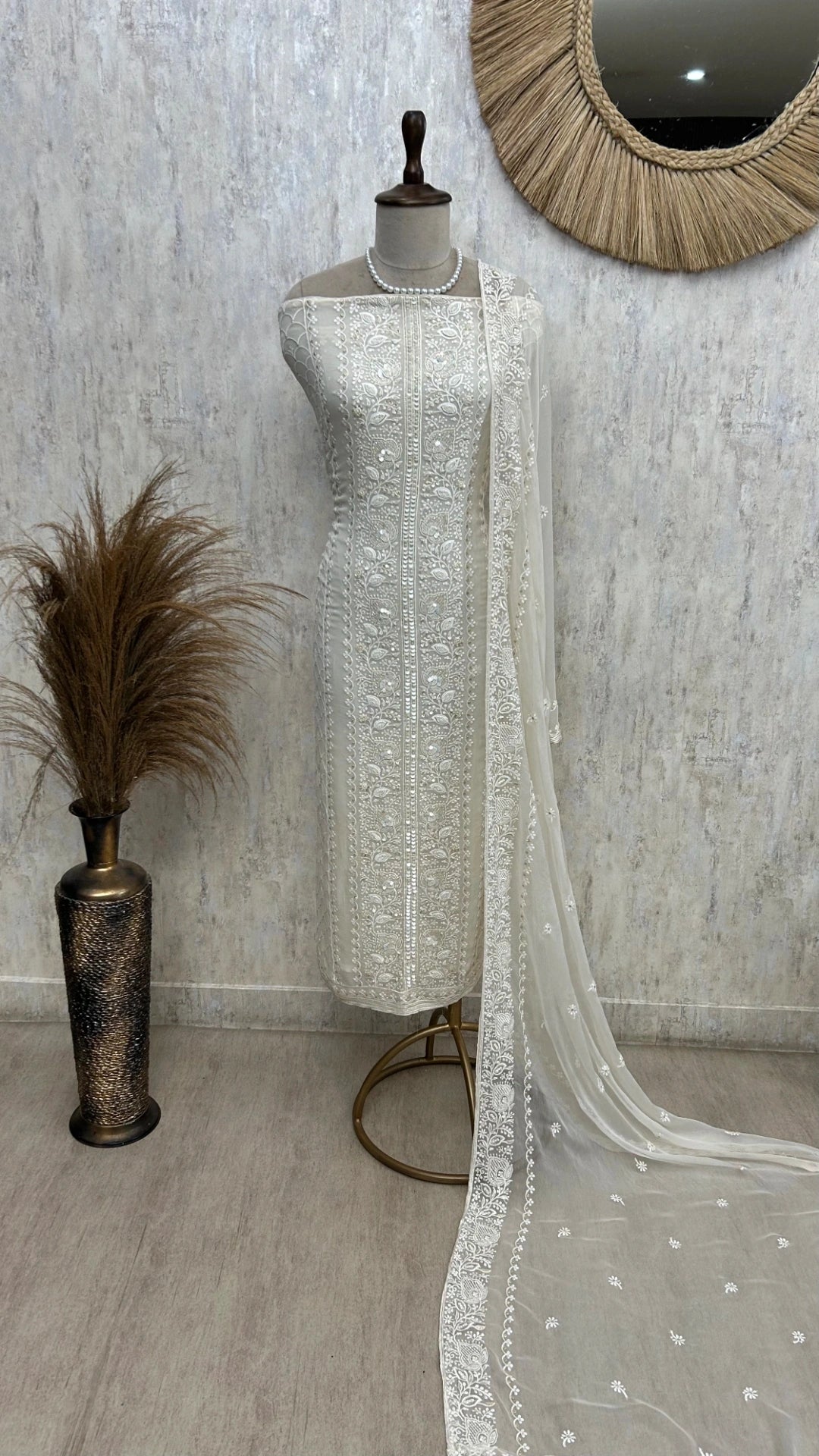 Lucknowi Georgette Unstitched Suit Set With Pearl & Sequin Work