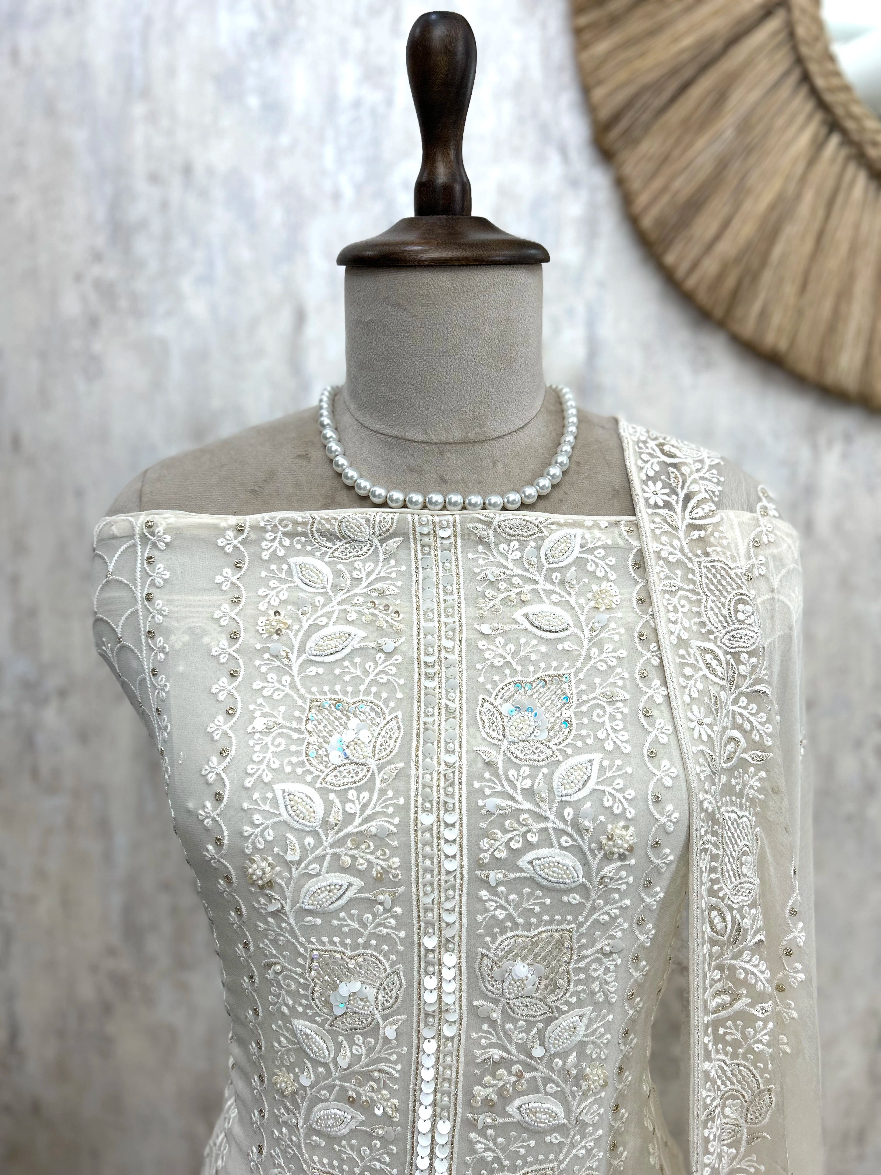 Lucknowi Georgette Unstitched Suit Set With Pearl & Sequin Work