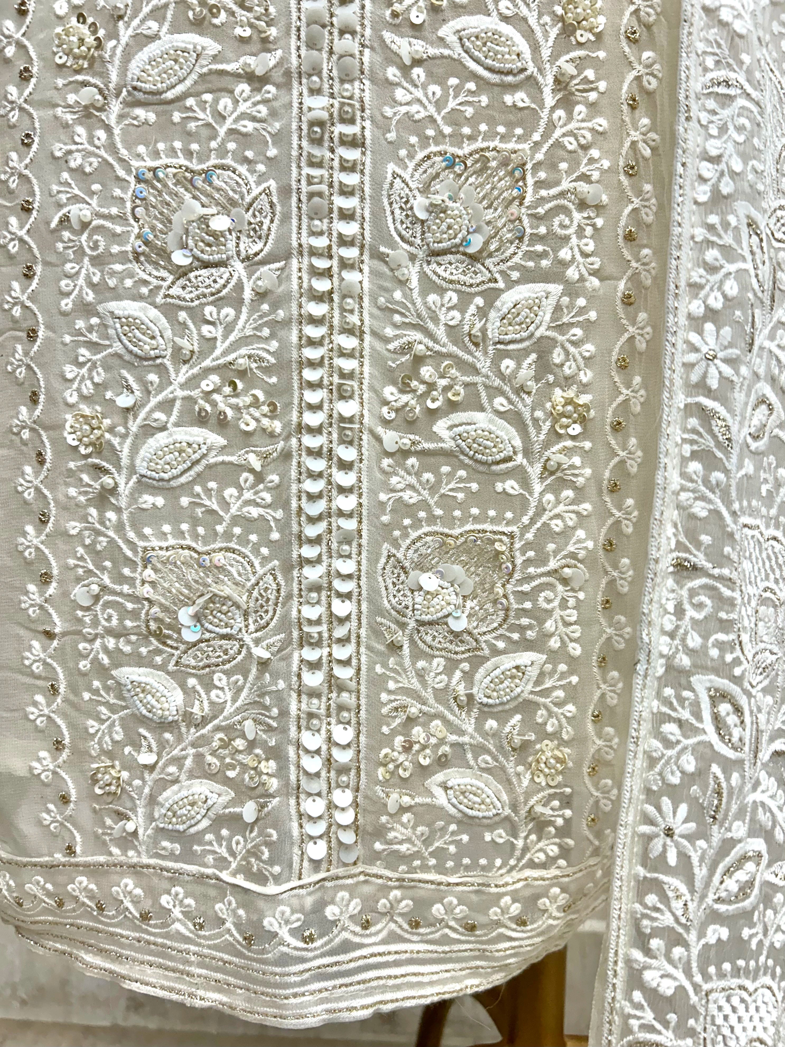 Lucknowi Georgette Unstitched Suit Set With Pearl & Sequin Work