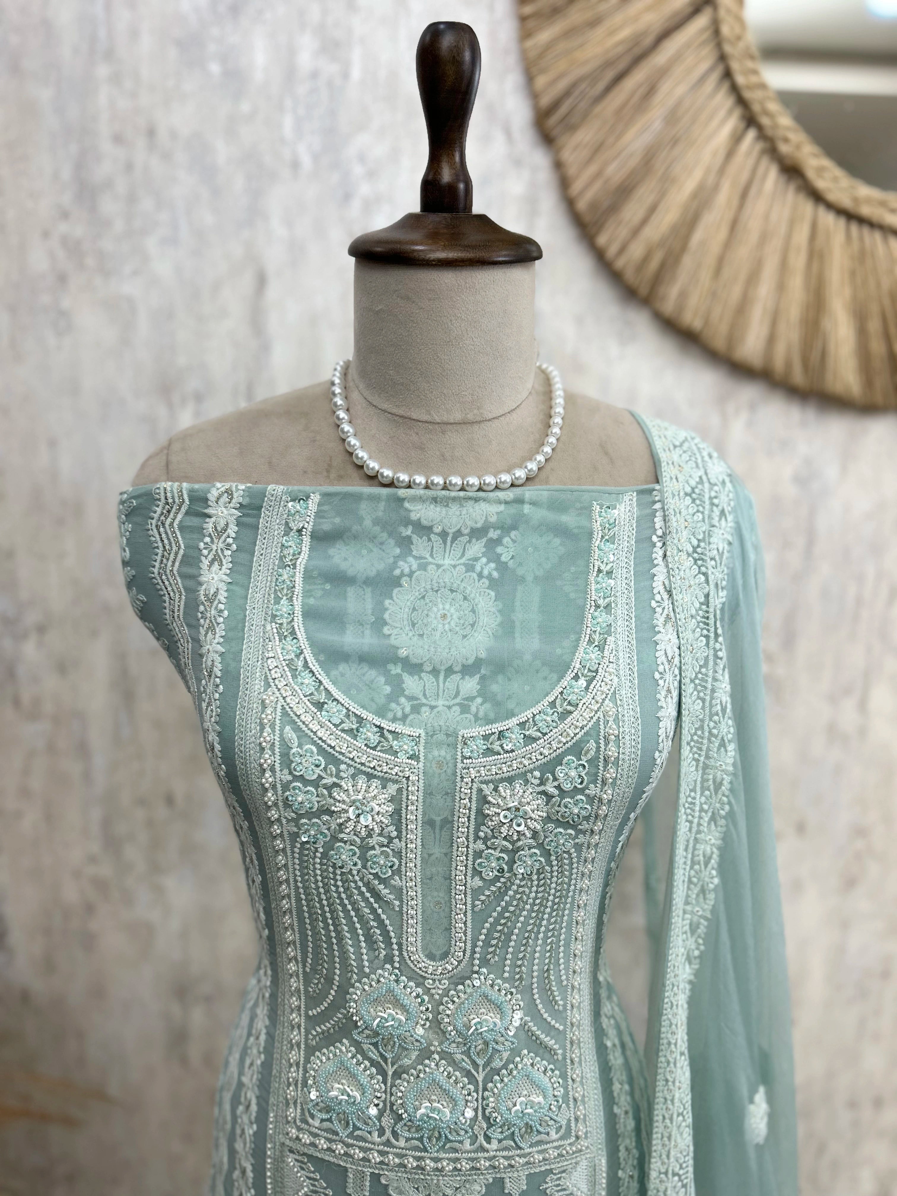 Georgette Unstitched Suit Set With Lucknowi Style