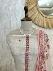 Linen Unstitched Suit Set With Kantha Motifs