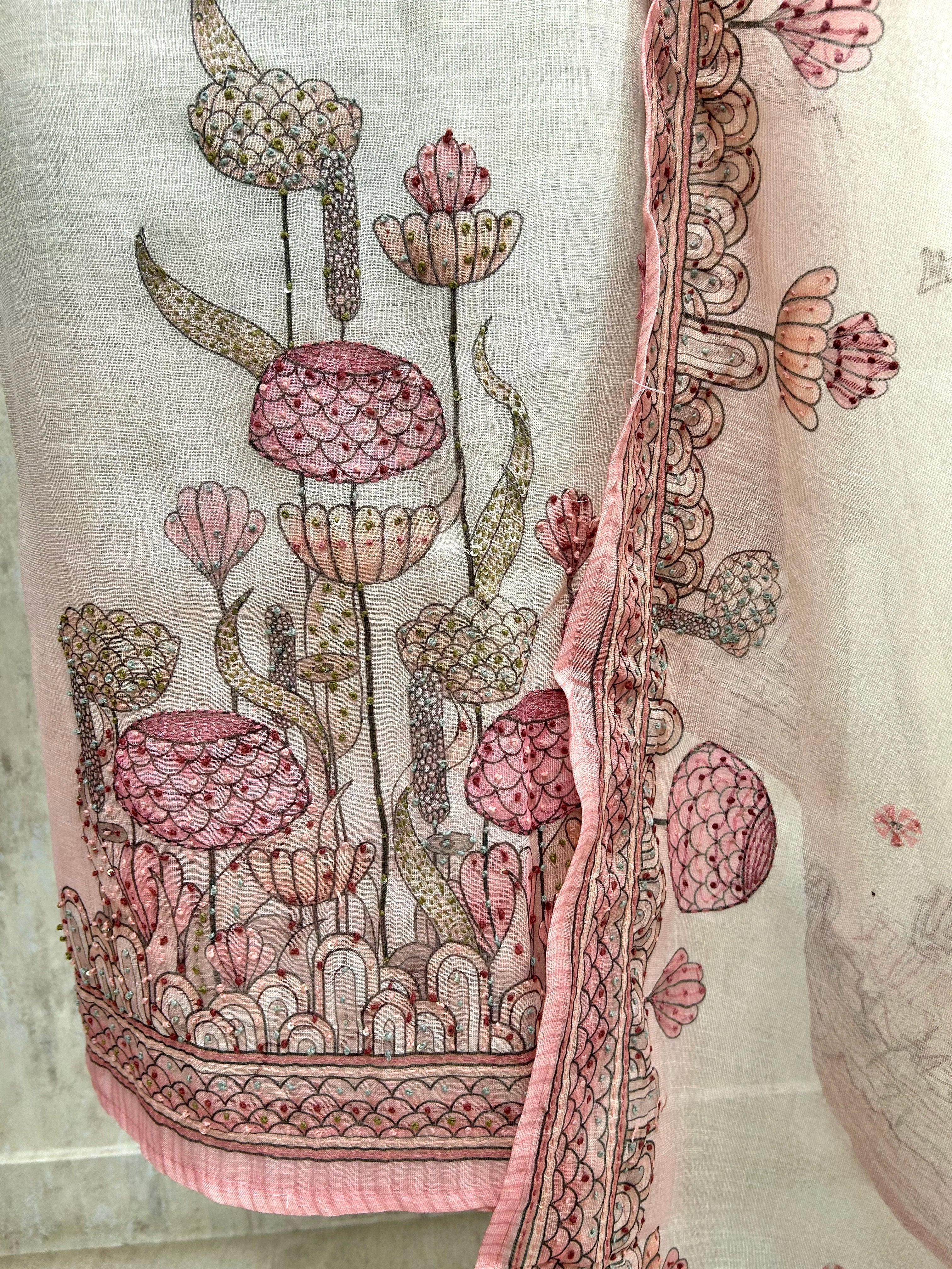 Linen Unstitched Suit Set With Kantha Motifs