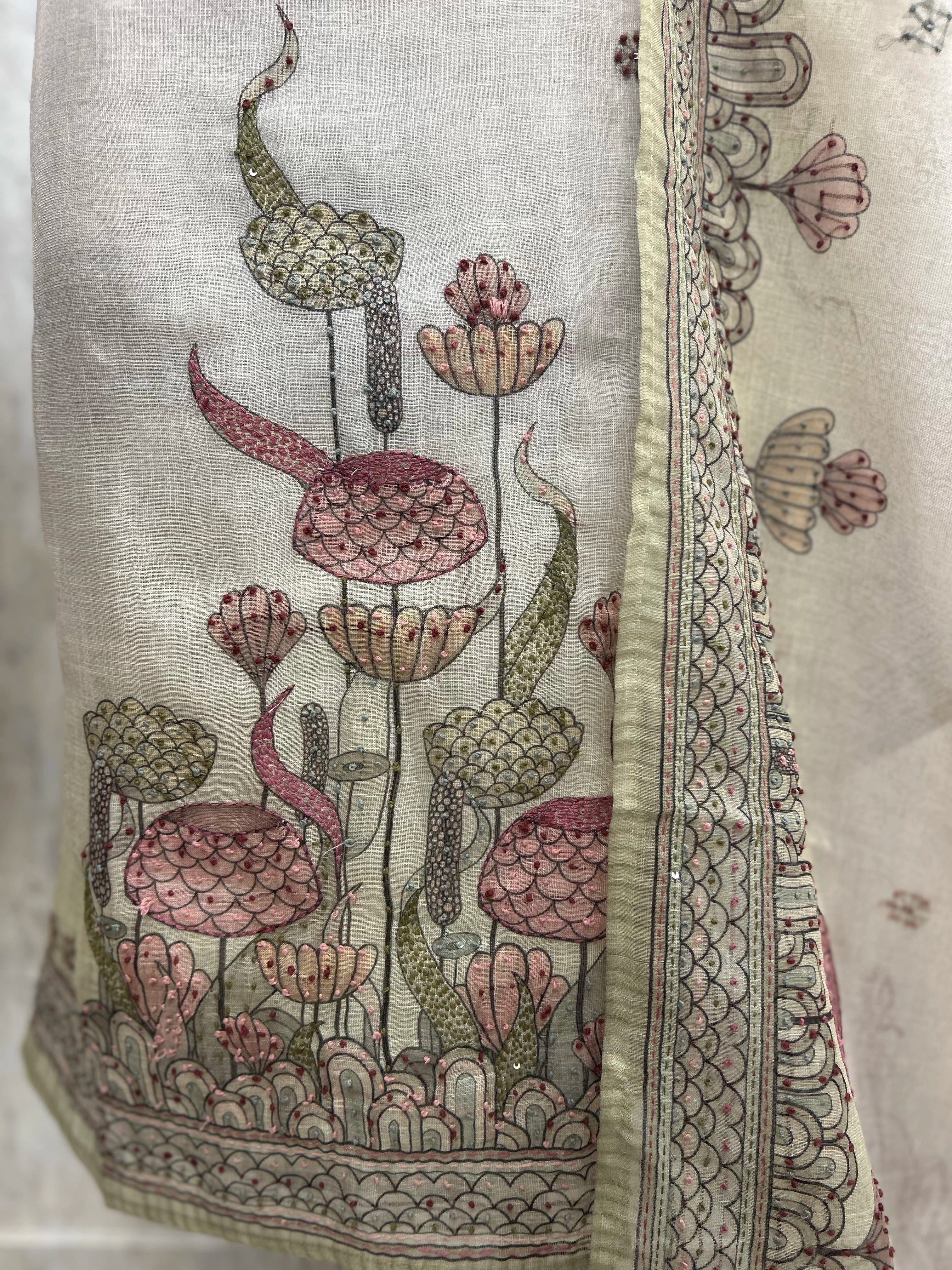 Linen Unstitched Suit Set With Kantha Motifs