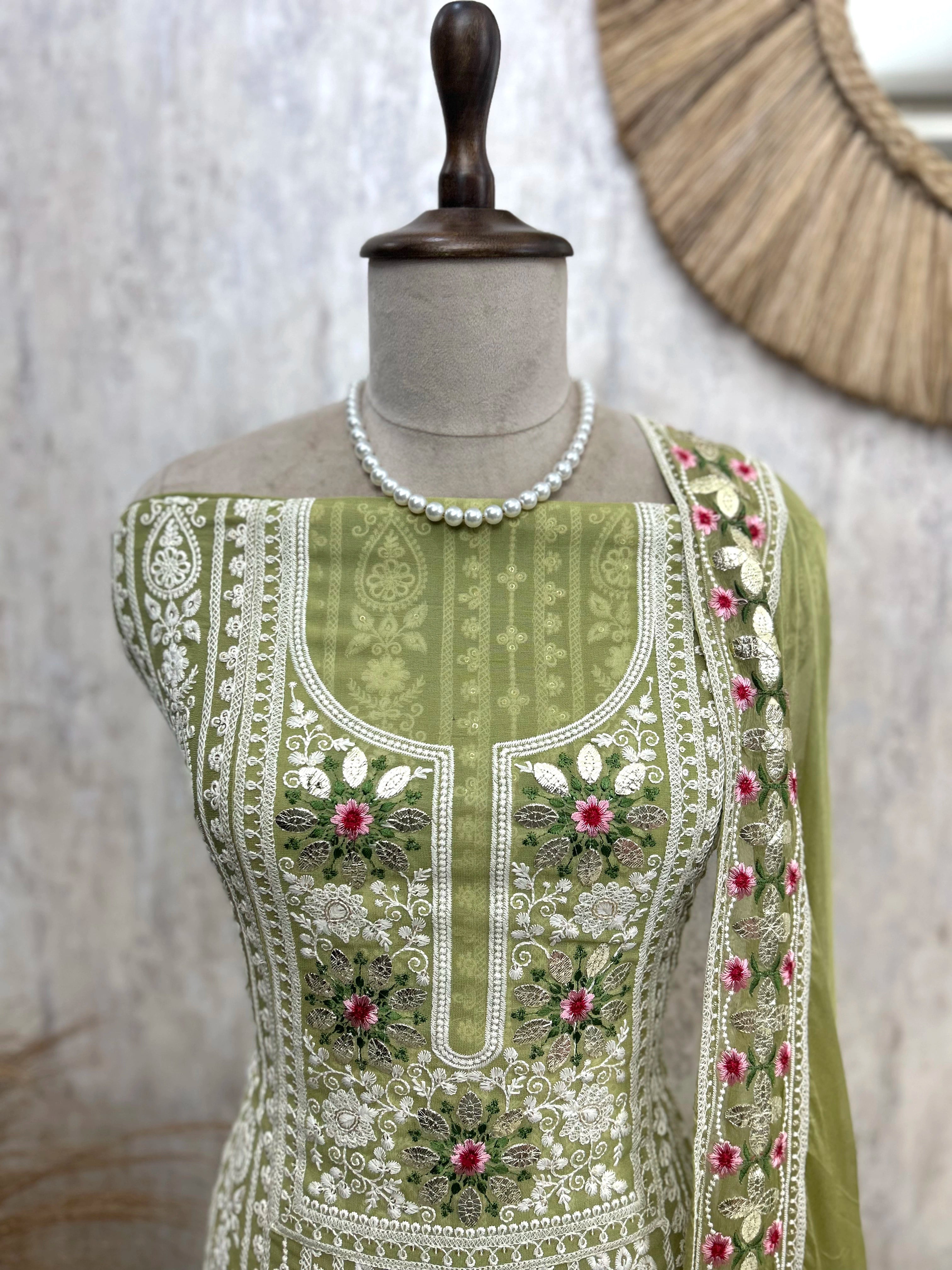 Lucknowi Georgette Unstitched Suit Set With Gotta Work