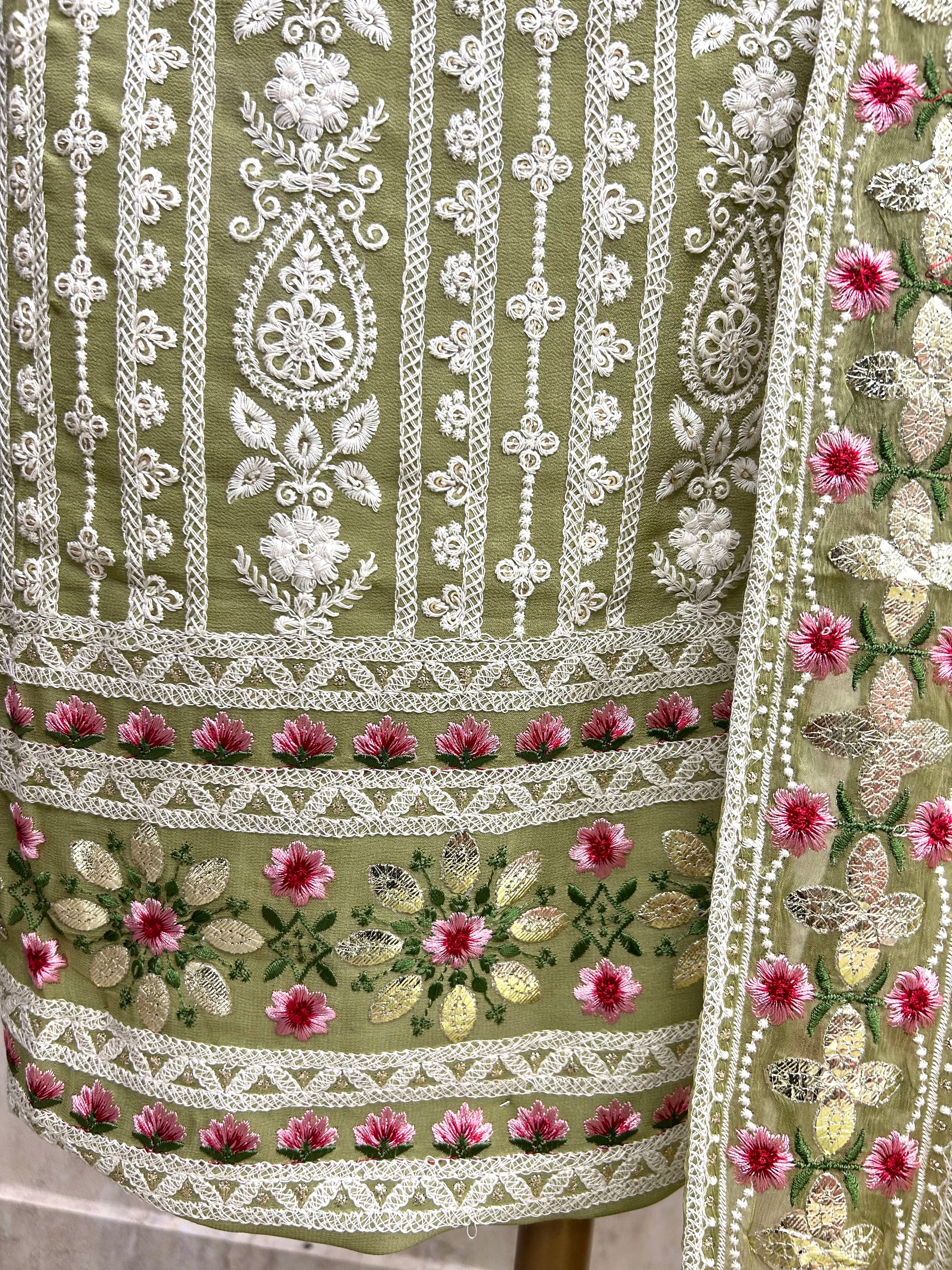 Lucknowi Georgette Unstitched Suit Set With Gotta Work