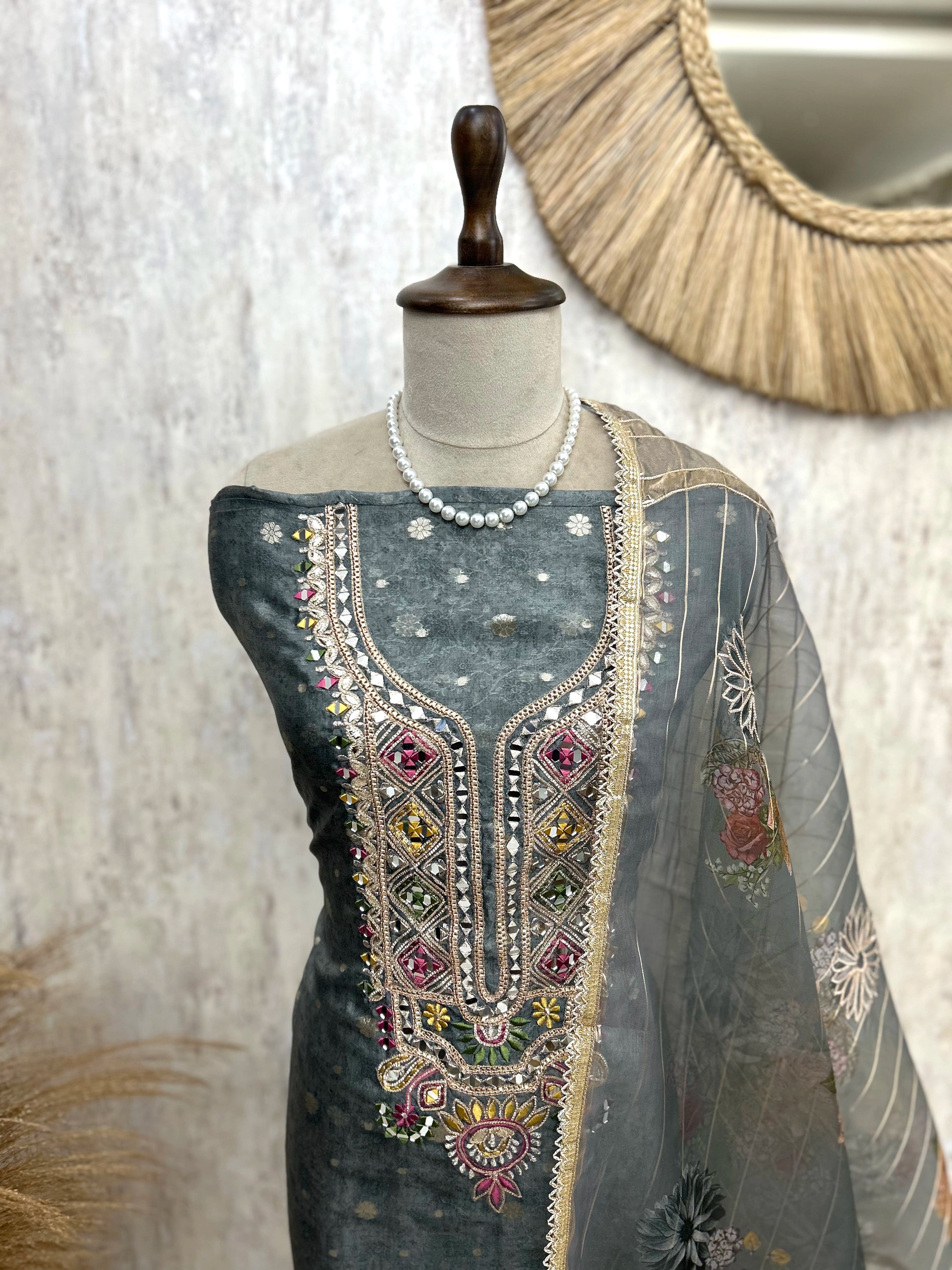 Tissue Unstitched Suit Set With Organza Dupatta