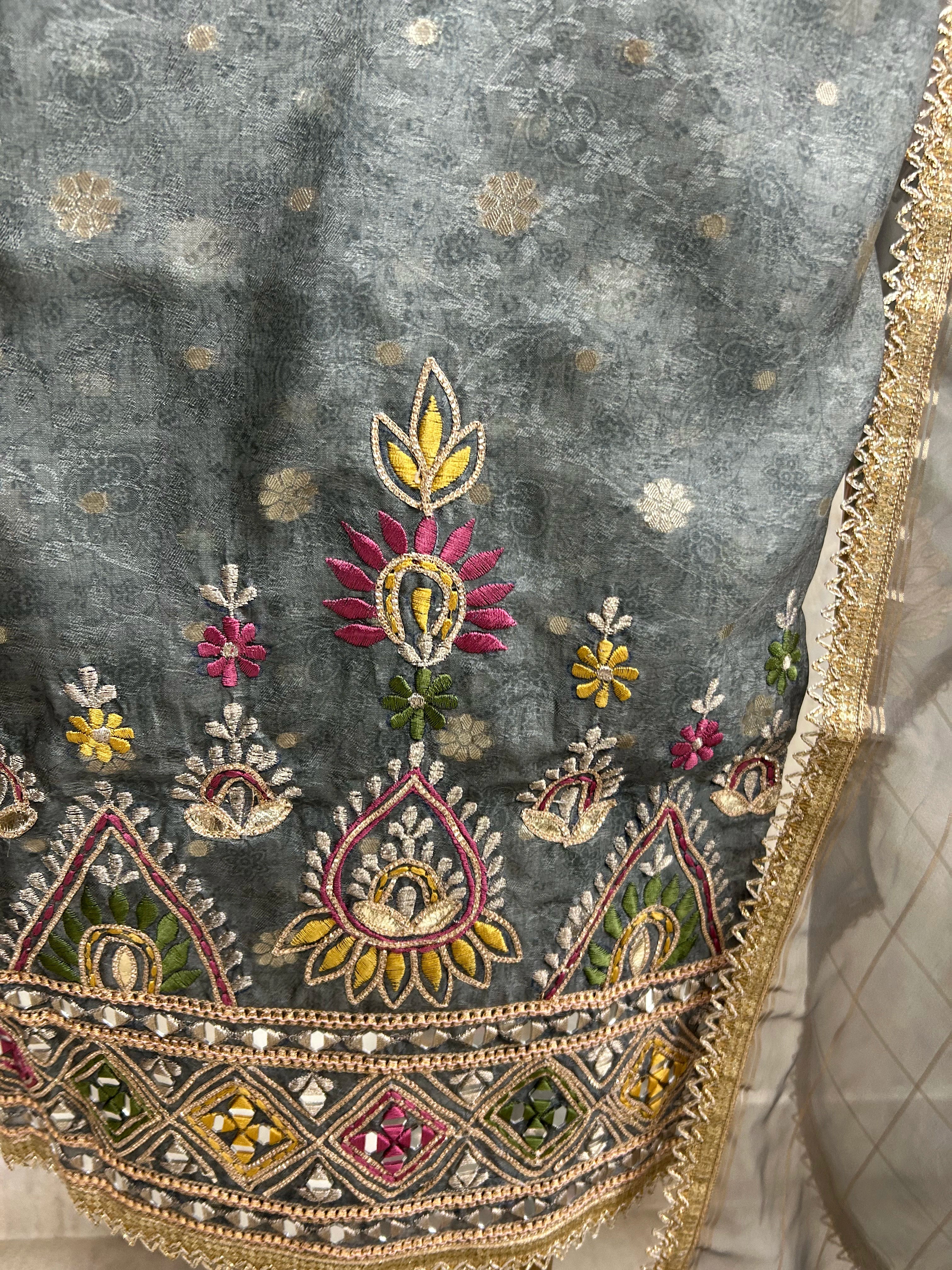 Tissue Unstitched Suit Set With Organza Dupatta