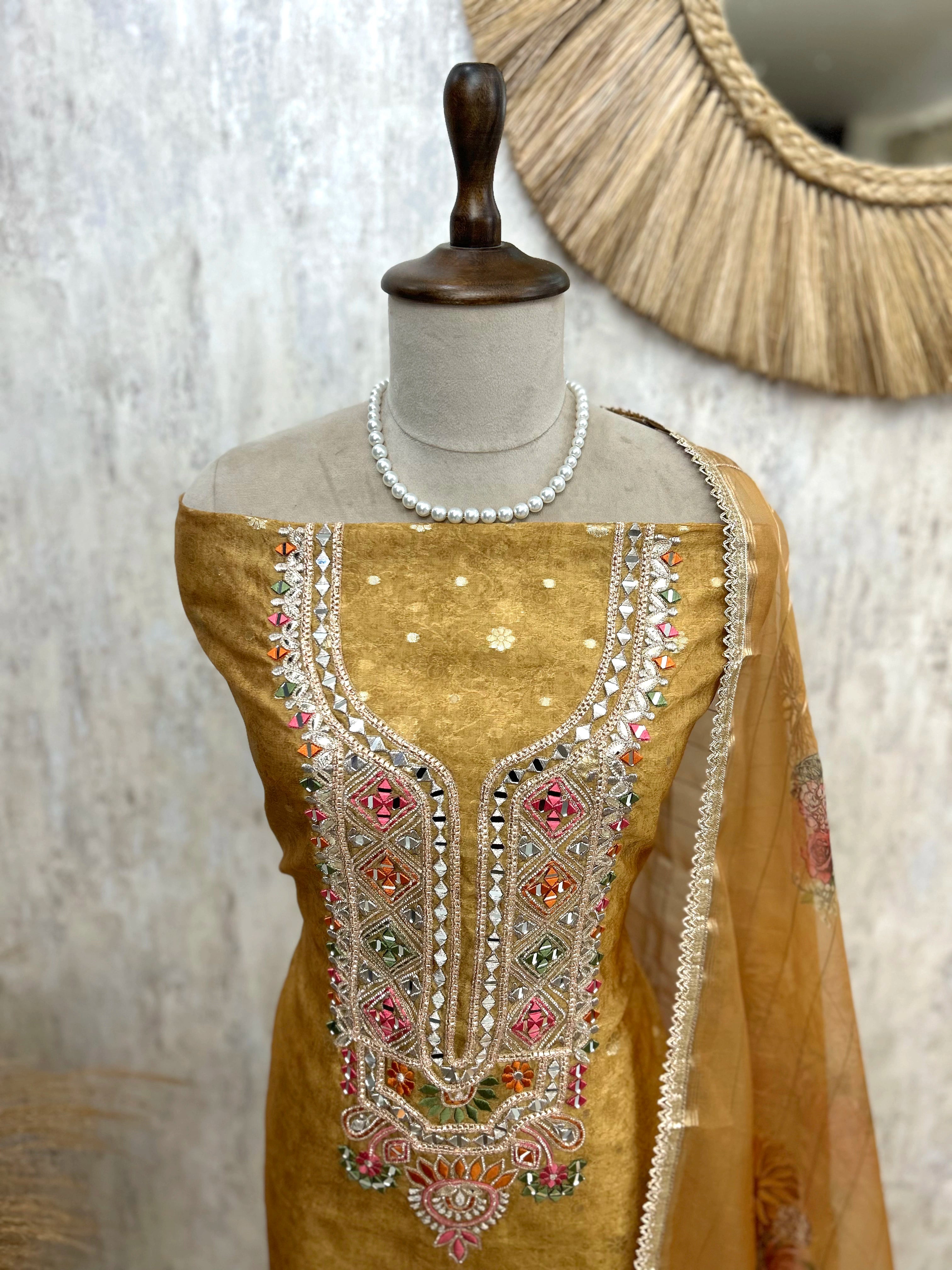 Tissue Unstitched Suit Set With Organza Dupatta