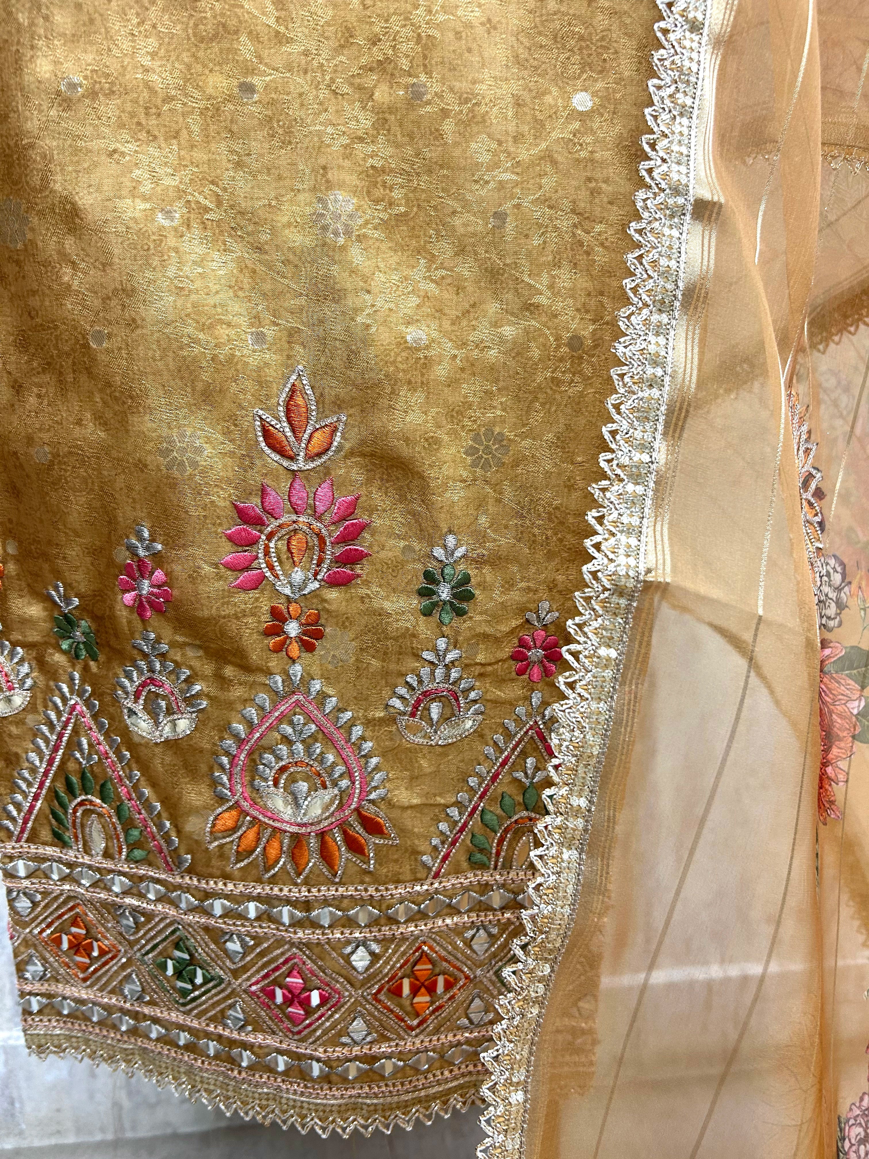 Tissue Unstitched Suit Set With Organza Dupatta