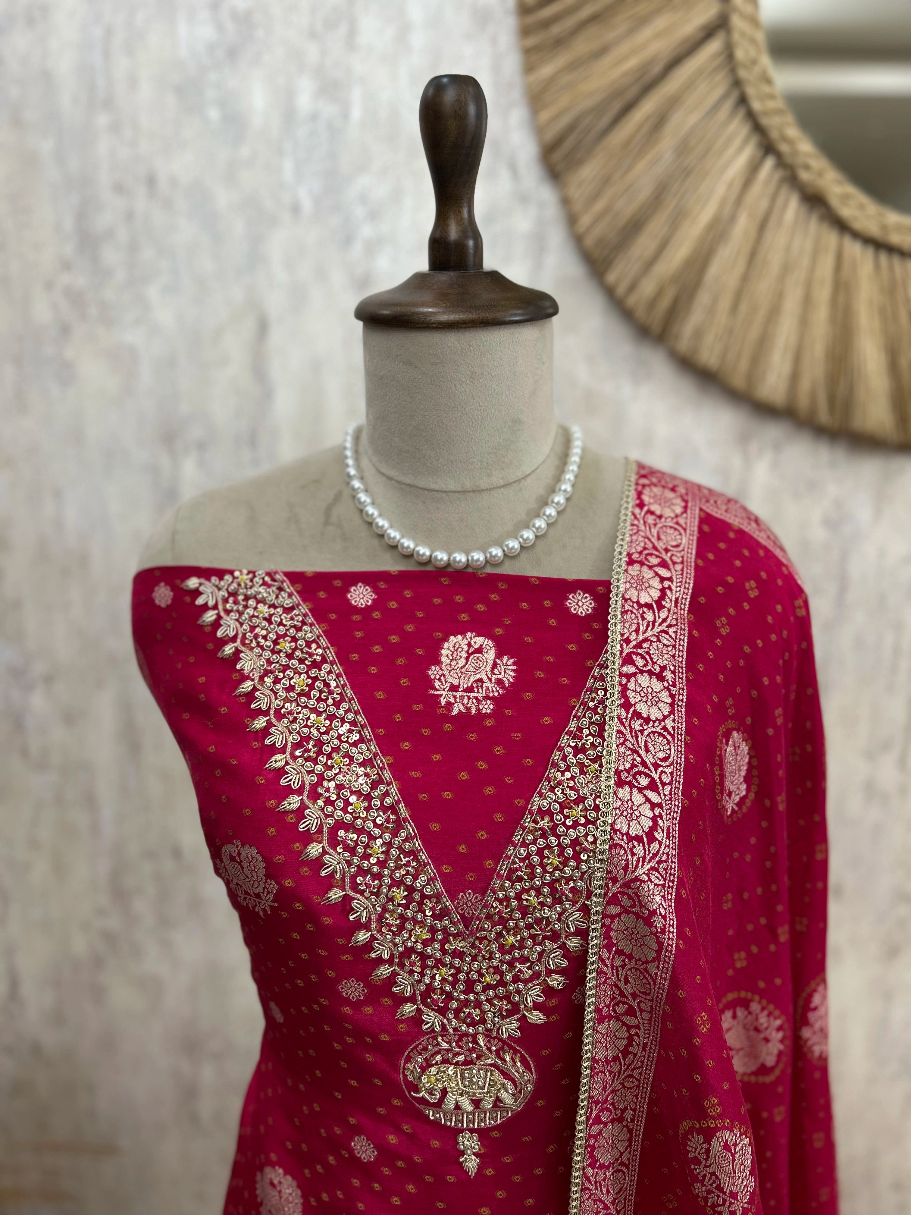 Dola SIlk Unstitched Suit Set With Peacock Figures