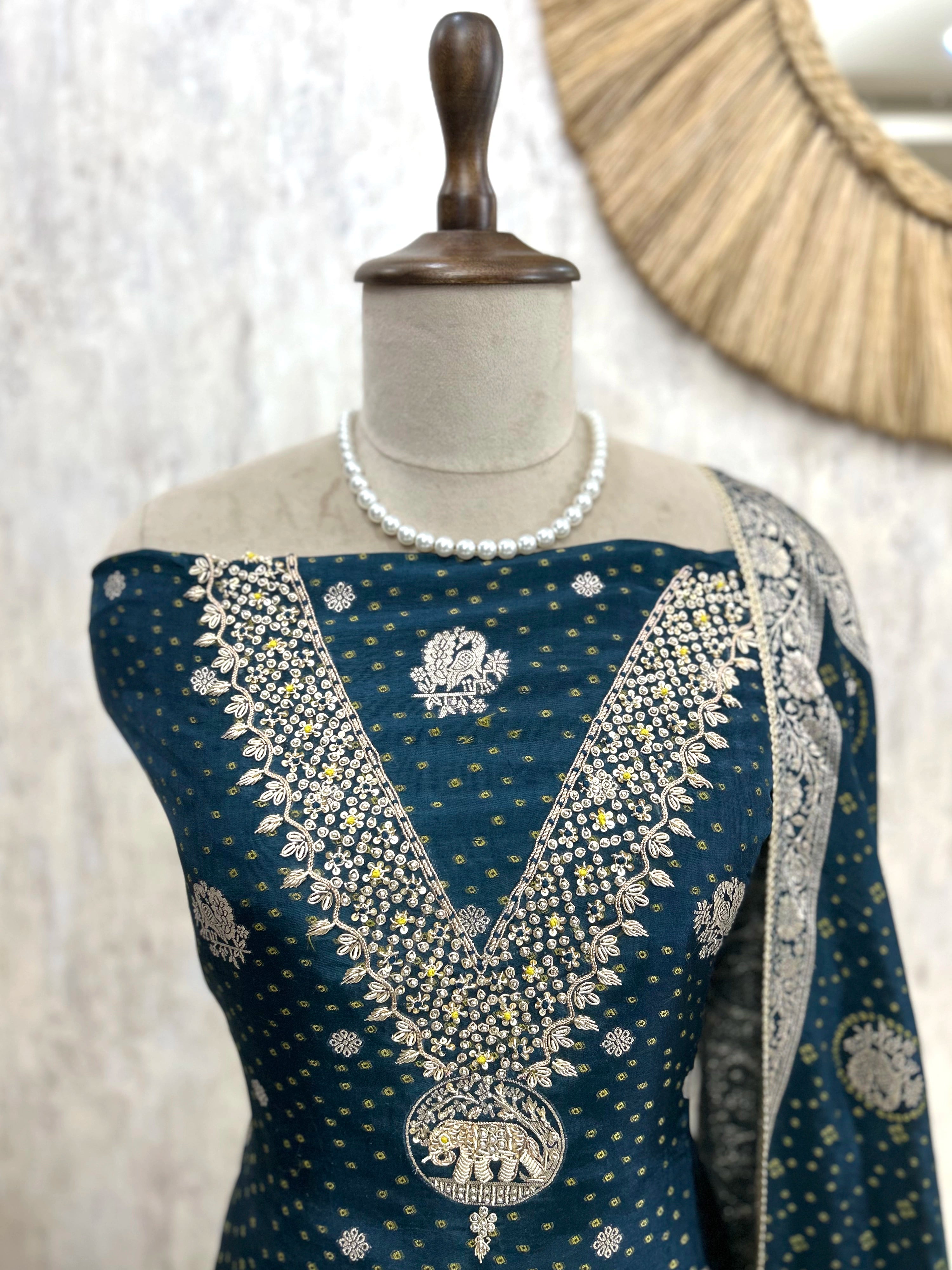 Dola Silk Unstitched Suit Set With Dola Silk Dupatta