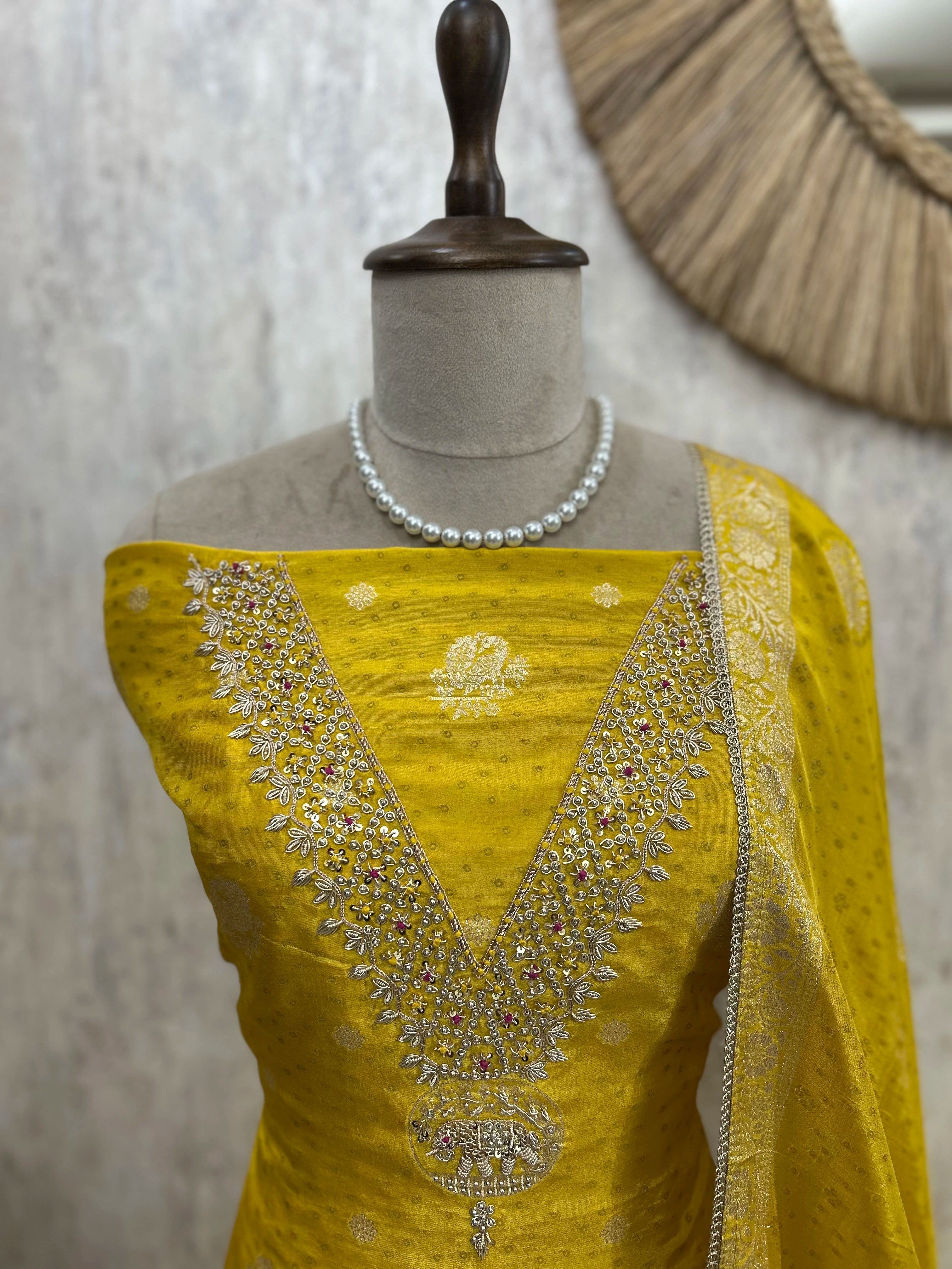 Dola Silk Unstitched Suit Set With Dola Silk Dupatta