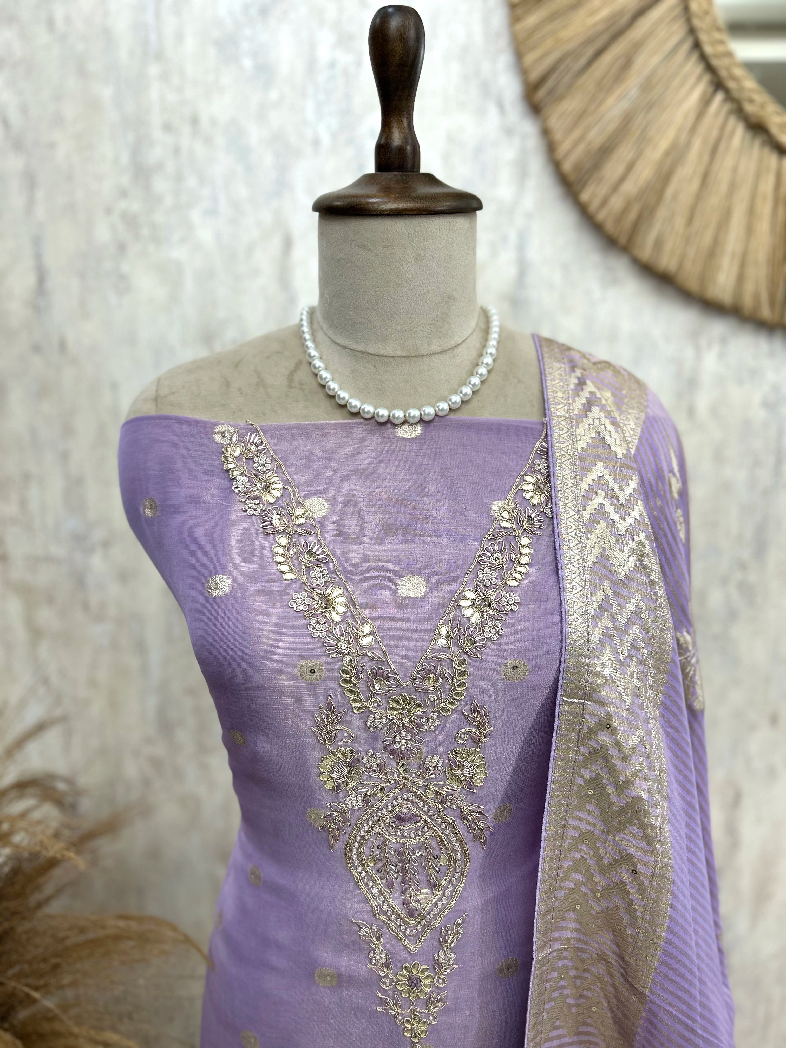 Tissue Unstitched Suit Set Featuring Zardosi Work And Banarasi Weaving On Dupatta