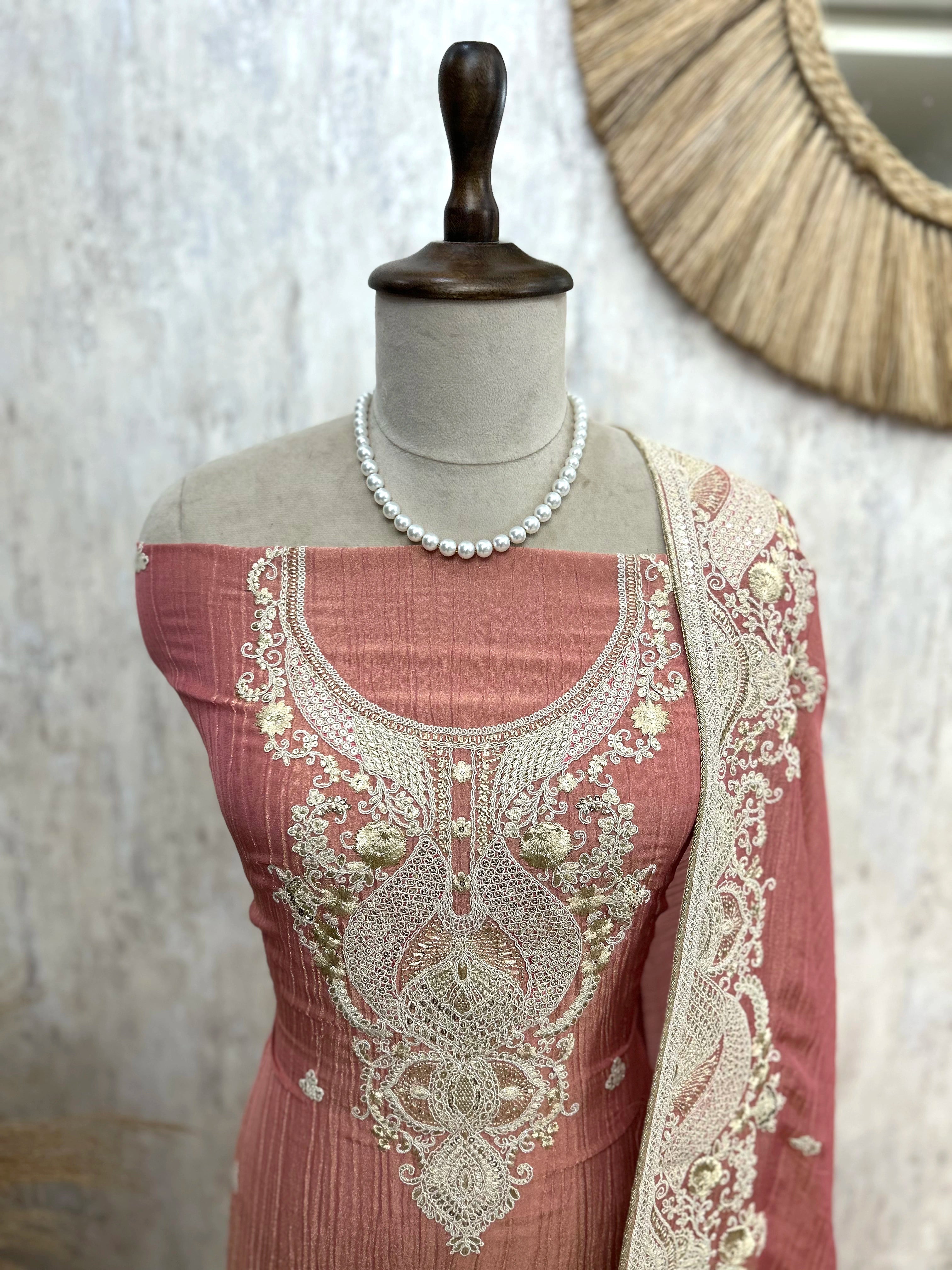 Crust Tissue Unstitched Suit Set With Zari Work